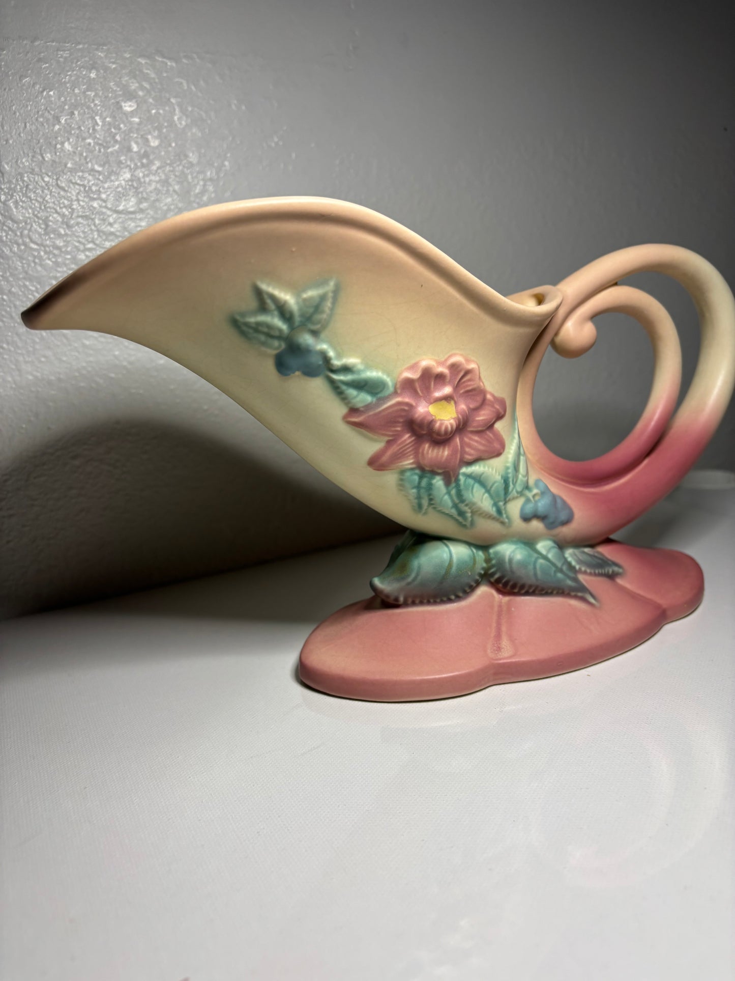 Roseville Style Art Pottery Cornucopia Vase – Pink & Yellow Floral | 11” Long