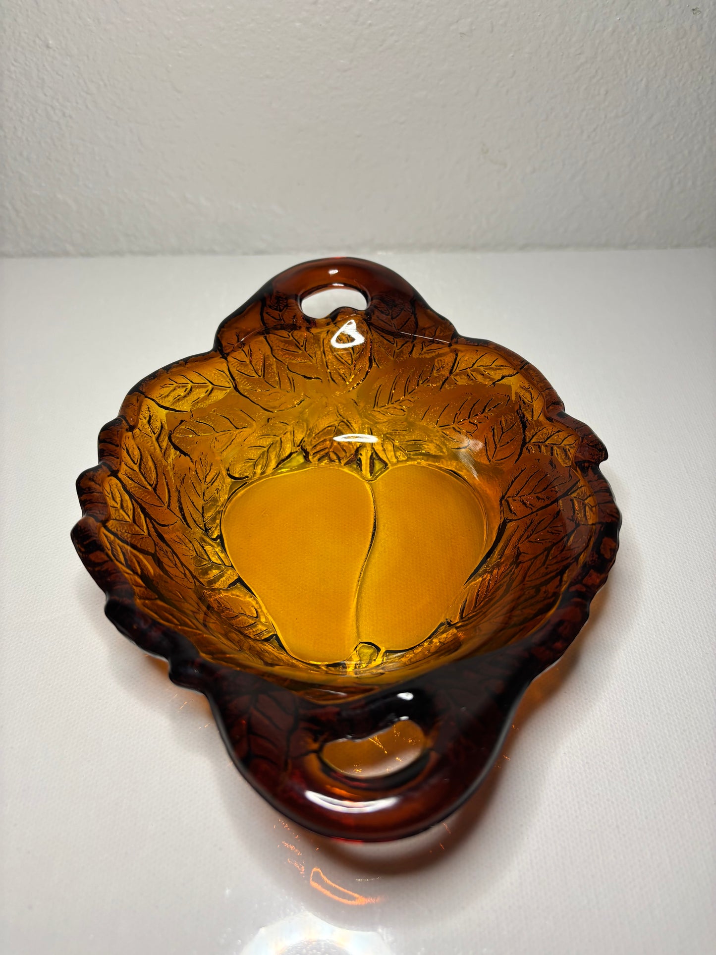 Amber Glass Pear Dish with Dual Handles – 7” Leaf Motif