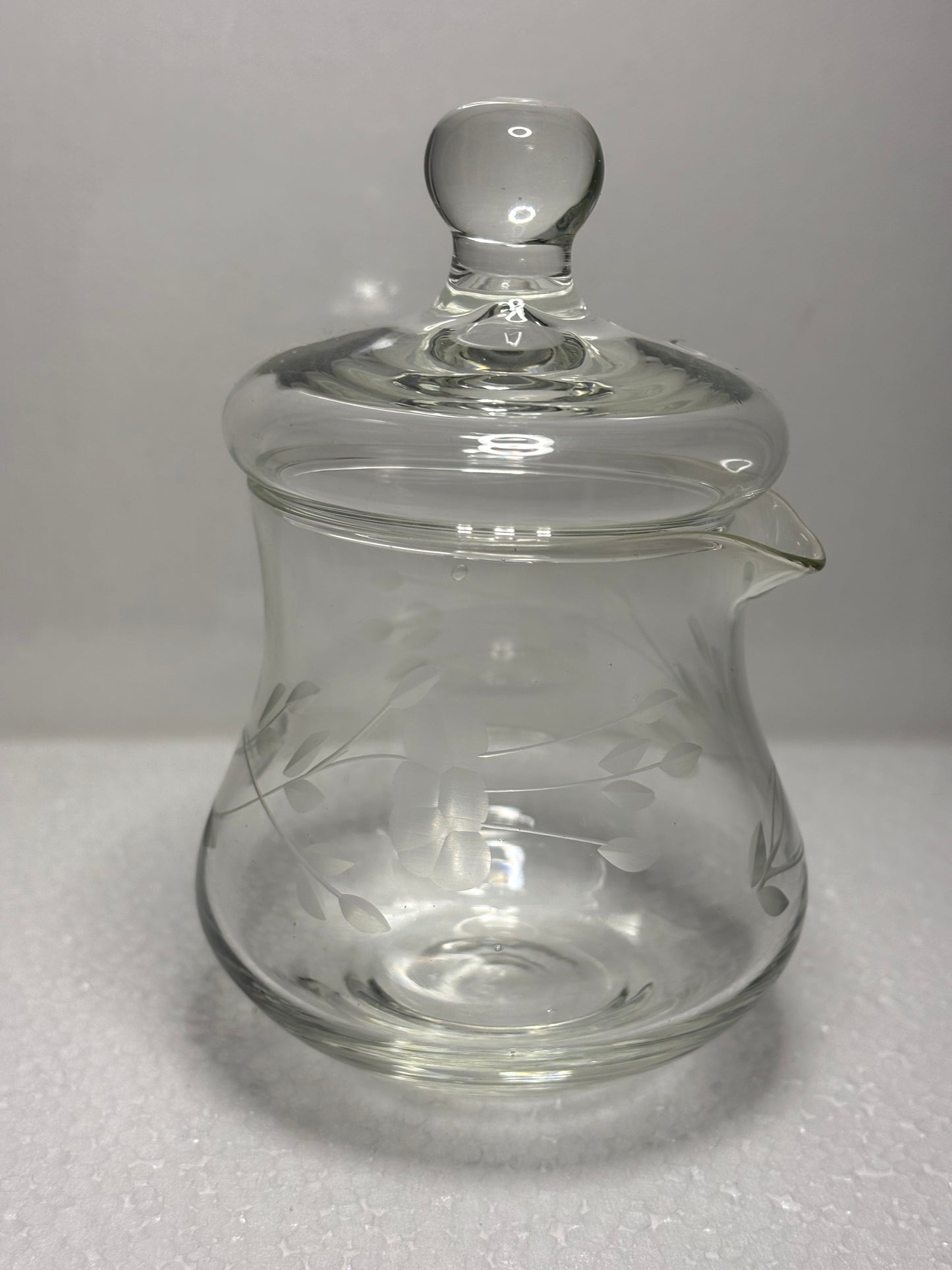 Vintage Etched Glass Condiment Jar with Lid – 4" Tall