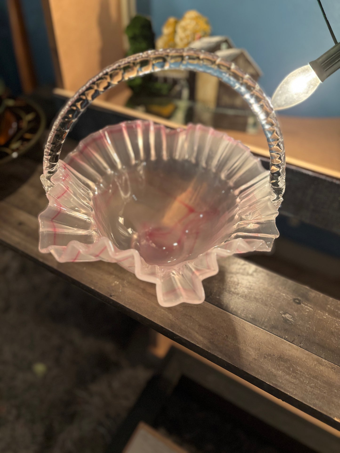 Vintage Pink Ruffled Art Glass Basket – 9" Decorative Handled Bowl
