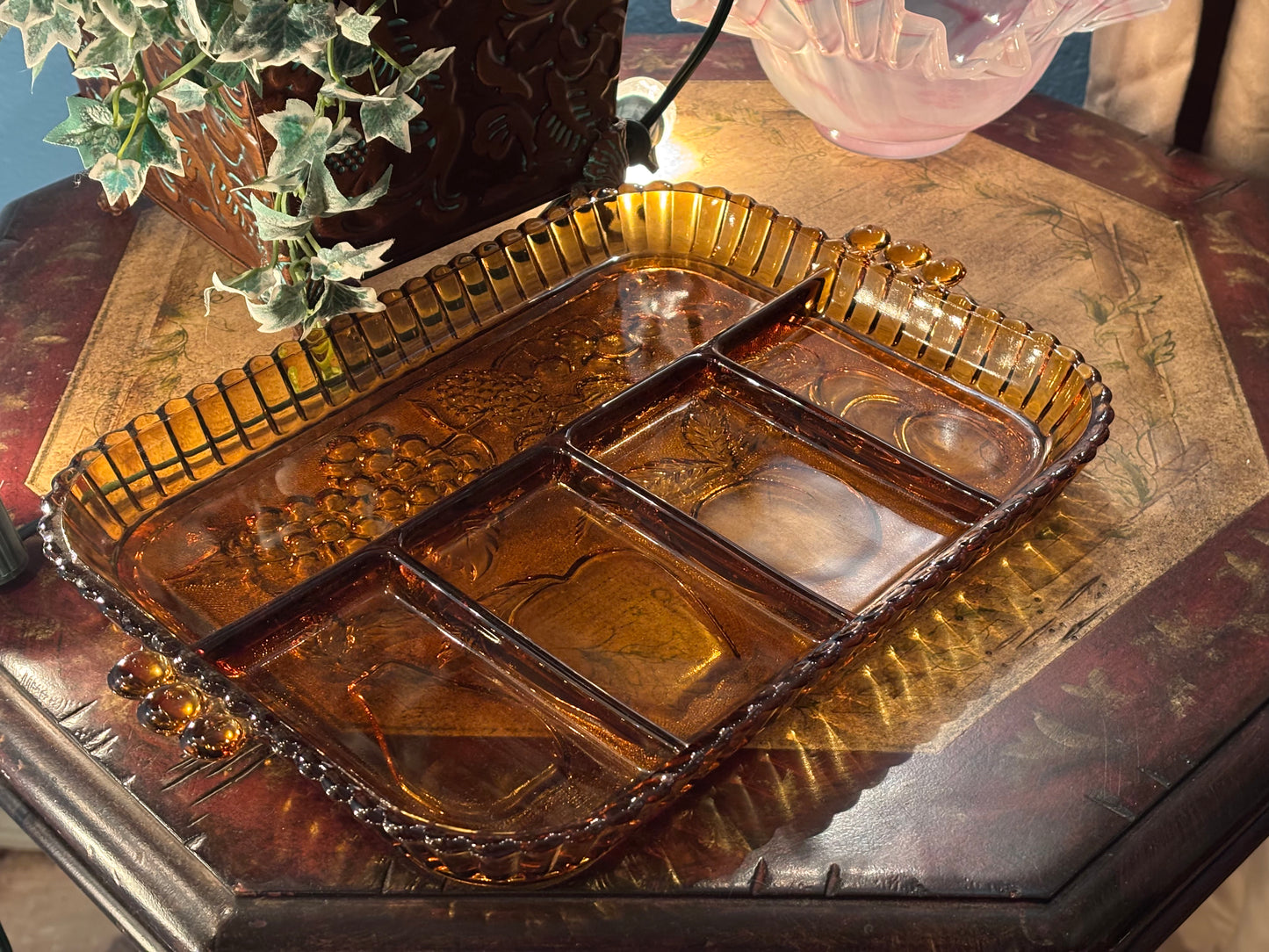 Vintage Amber Divided Glass Relish Tray – 12.5" Fruit Motif Serving Dish