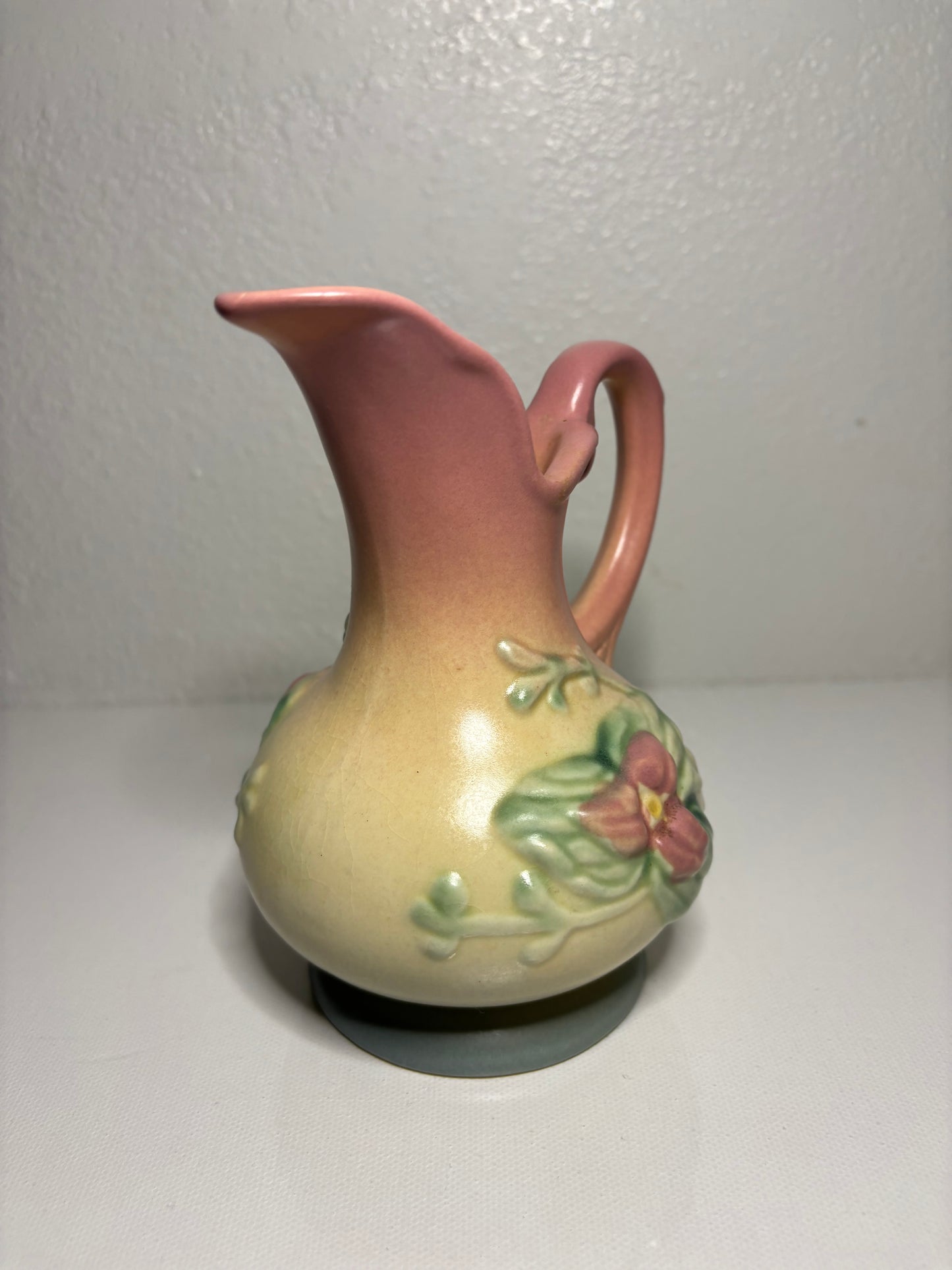 Vintage Blush & Cream Floral Pottery Pitcher – 6” Tall