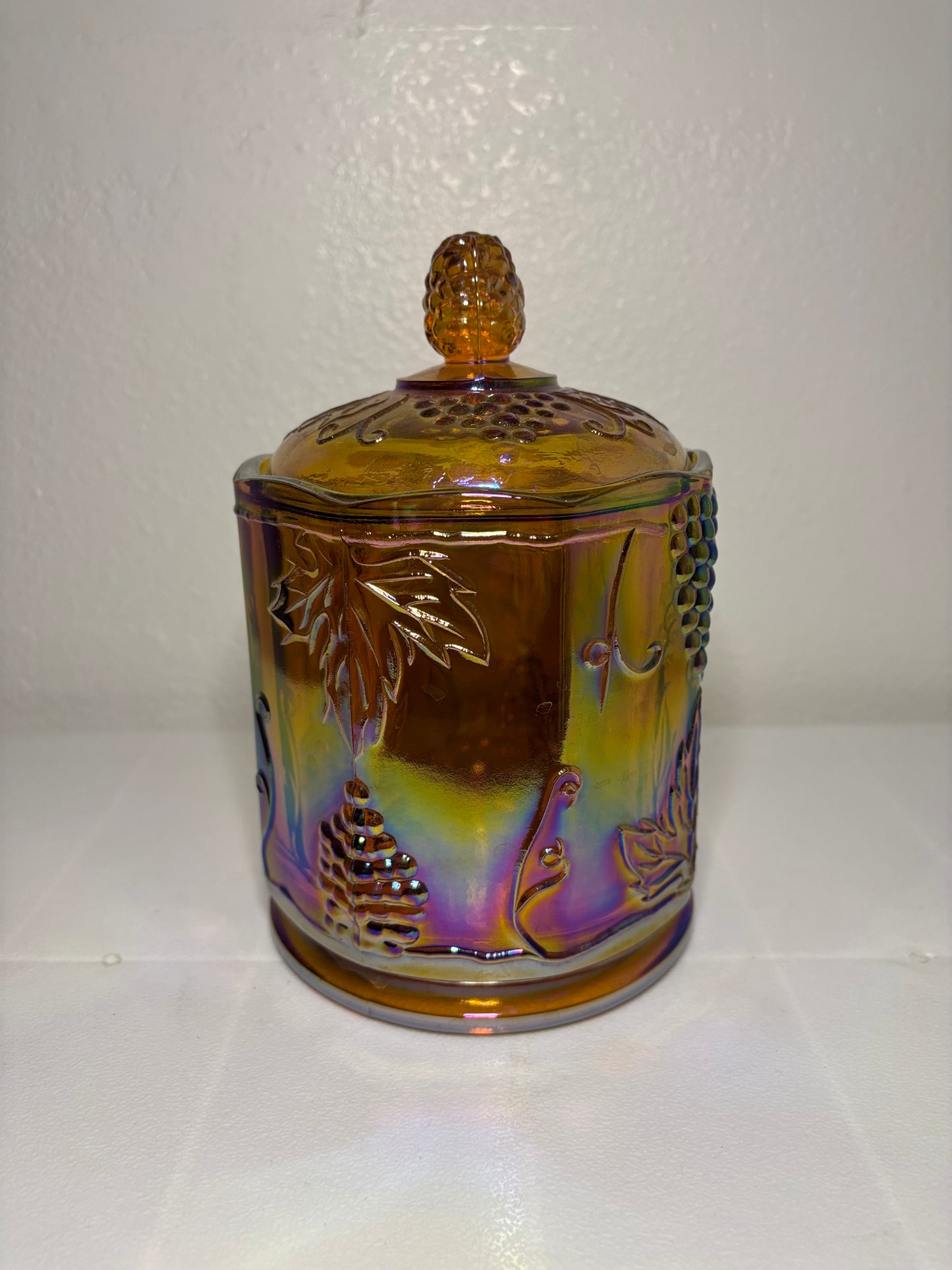 Vintage Iridescent Carnival Glass Canister Jar – Harvest Grape – 8" Tall
