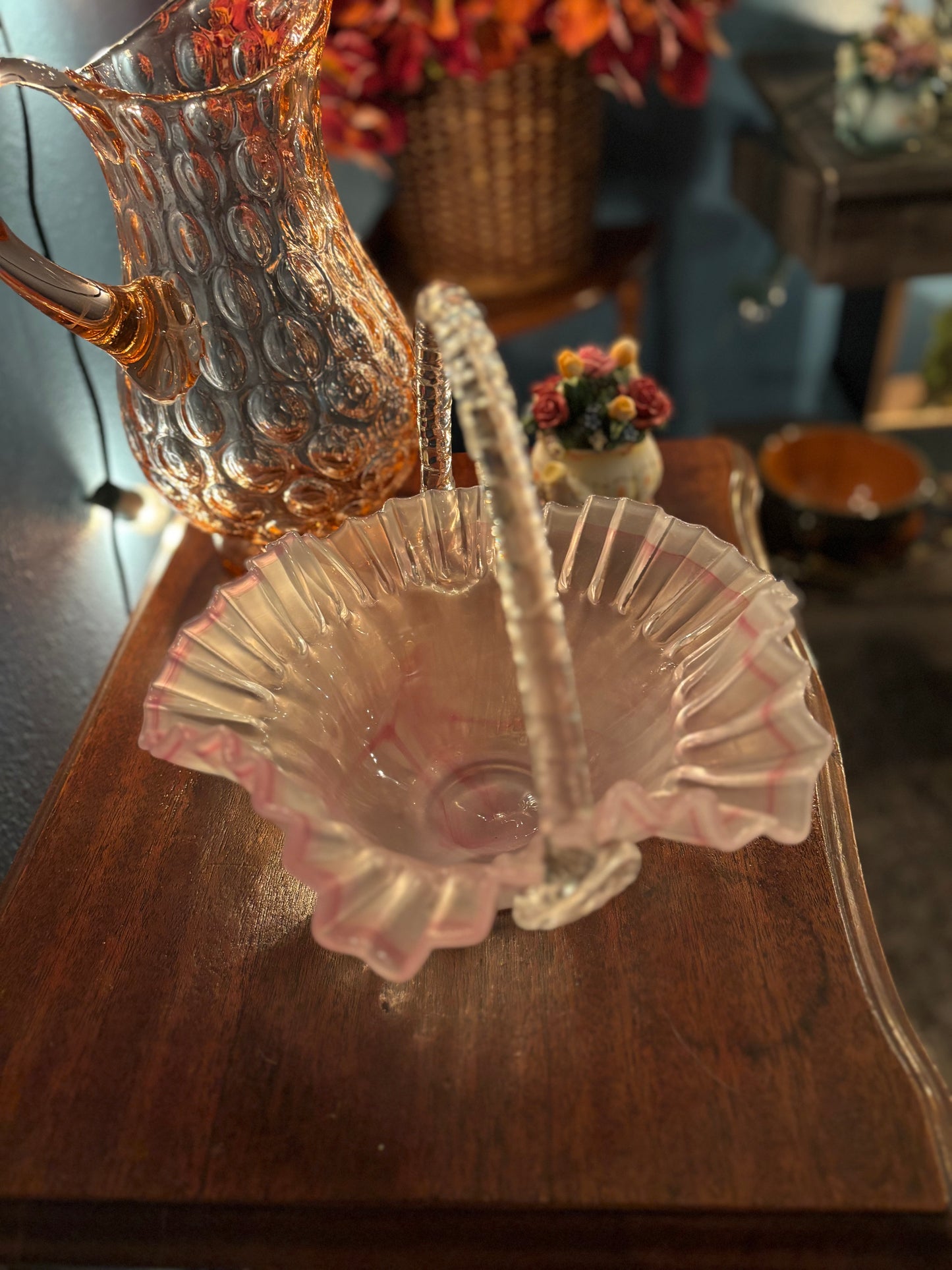 Vintage Pink Ruffled Art Glass Basket – 9" Decorative Handled Bowl