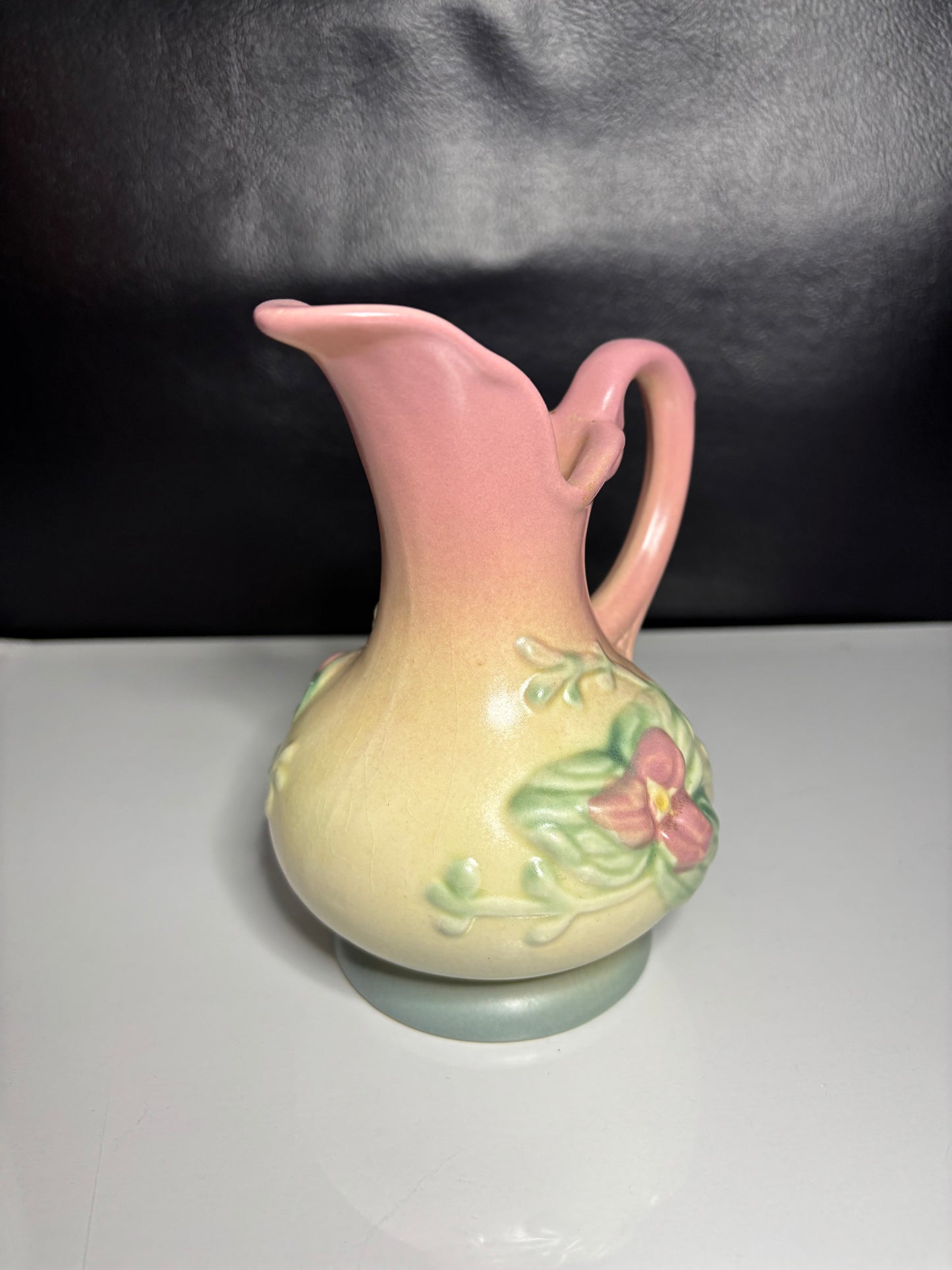 Vintage Roseville Style Pink & Cream Floral Embossed Ewer Vase – 6” Tall
