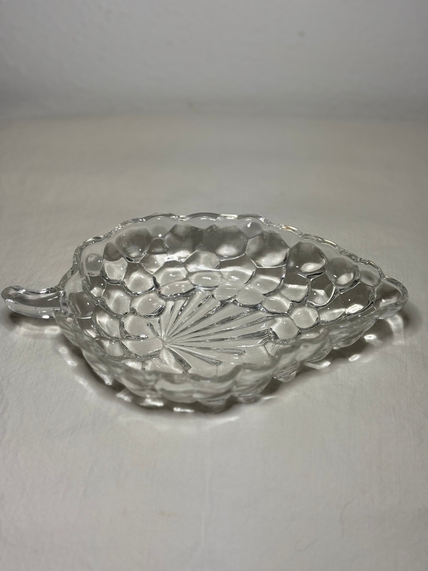 Vintage Pressed Glass Leaf Dish with Handle – 7” Candy or Relish Bowl