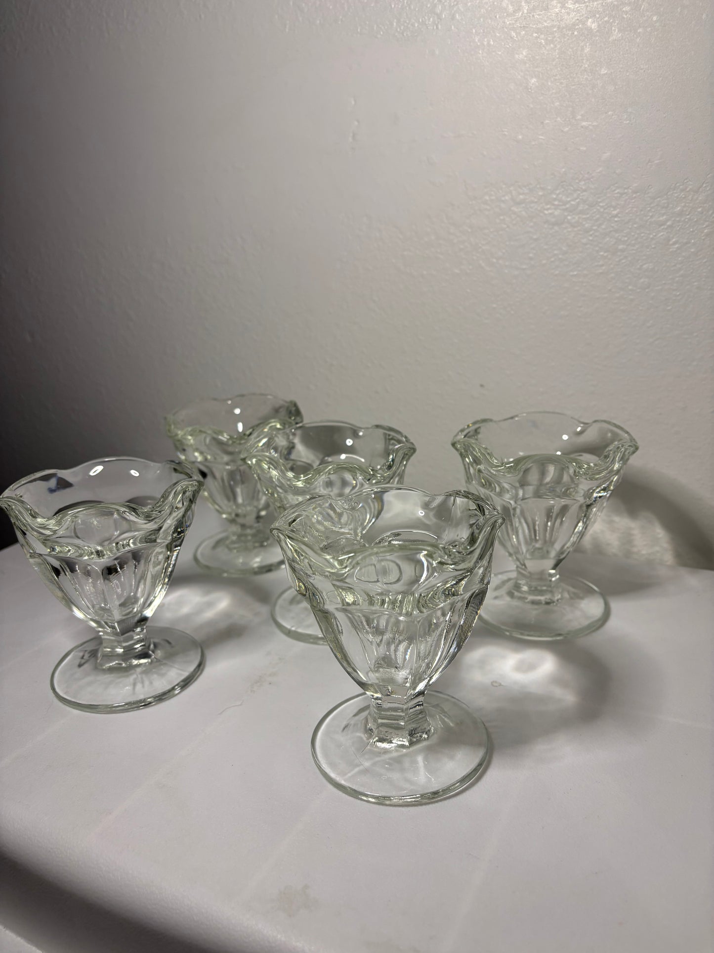 Set of 5 Vintage Pressed Glass Dessert Cups – Pedestal Ice Cream Bowls – 4” Tall