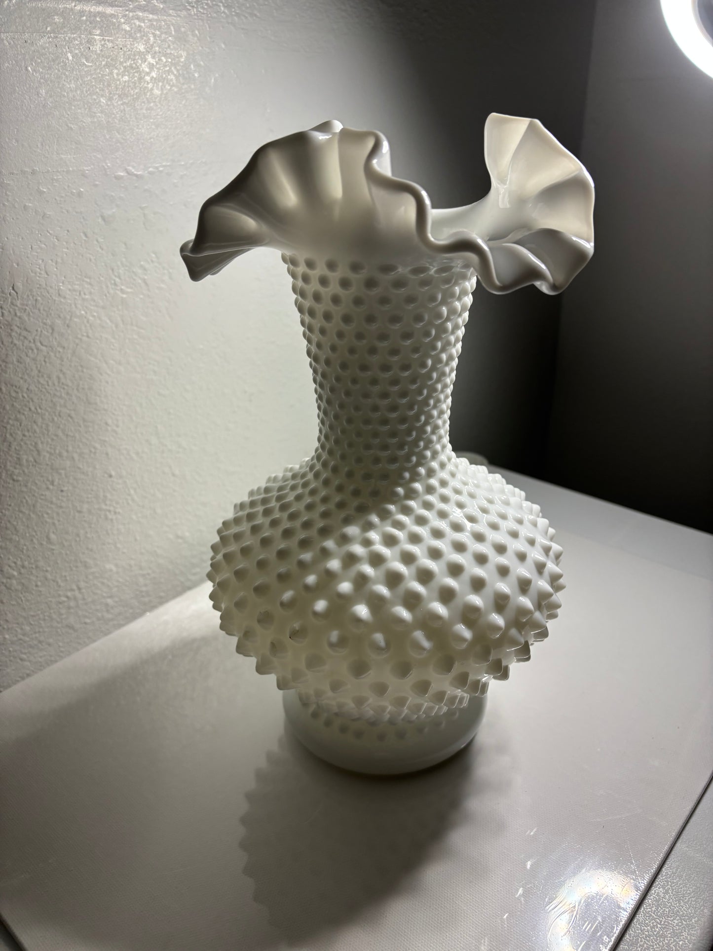Vintage White Hobnail Milk Glass Vase – 11" Ruffled Edge