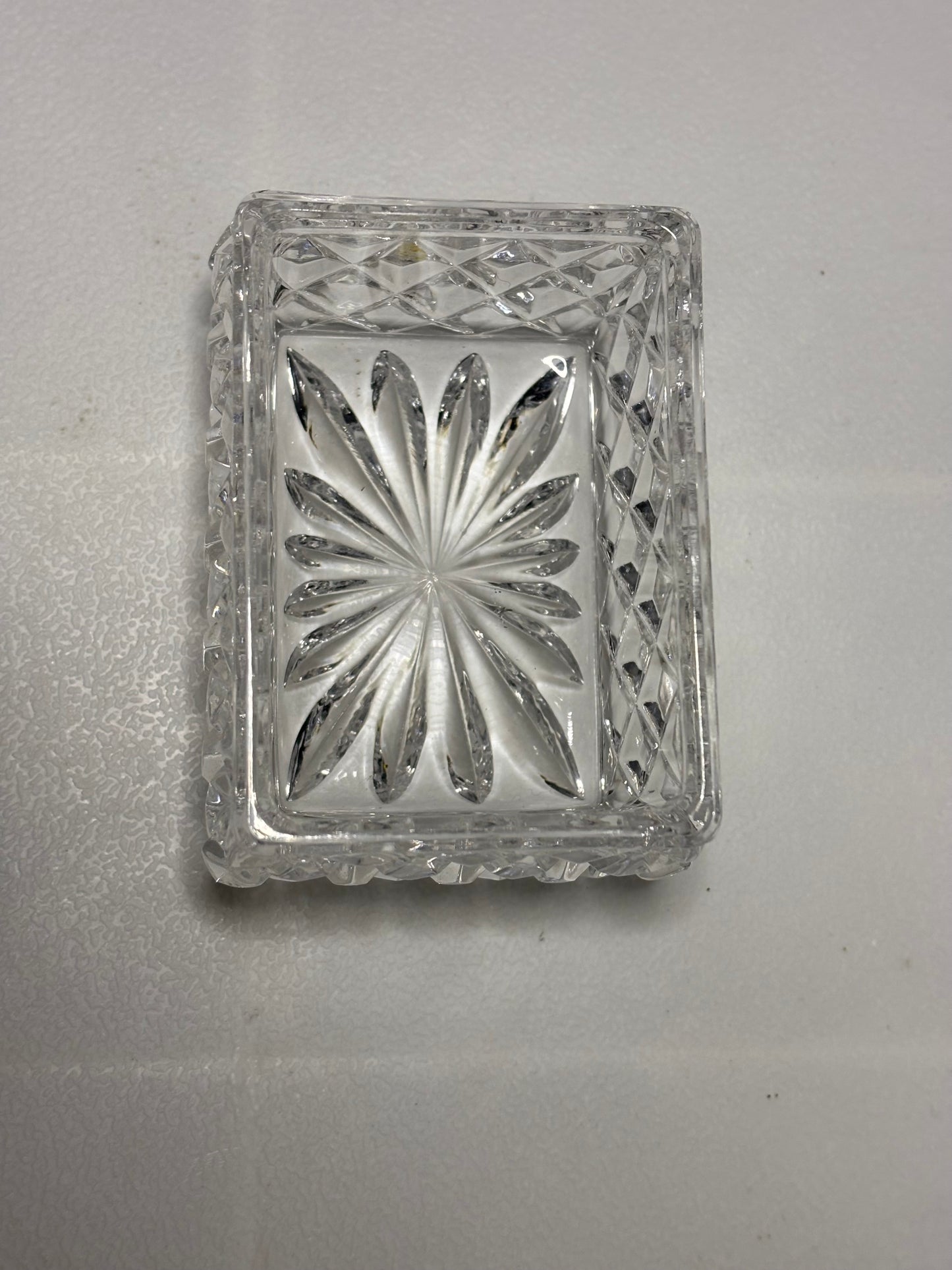 Vintage Pressed Glass Trinket Box – Starburst & Diamond Cut, Mini Rectangular