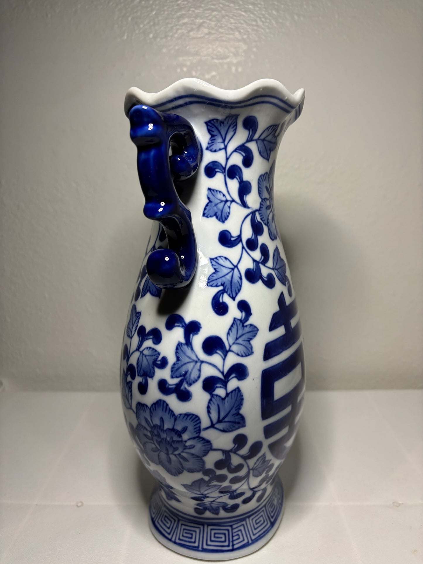 Blue & White Porcelain Vase – Double Happiness Symbol – 10” Tall