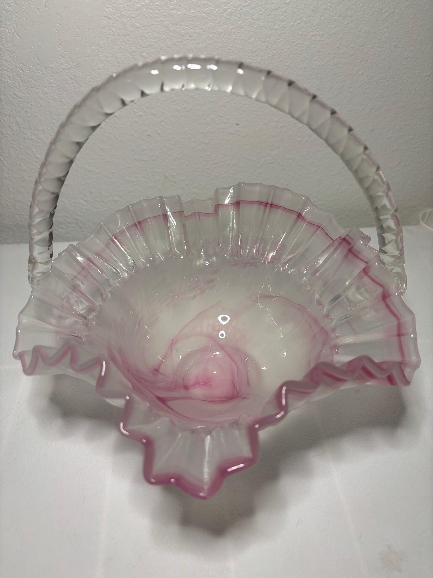Vintage Pink Ruffled Art Glass Basket – 9" Decorative Handled Bowl