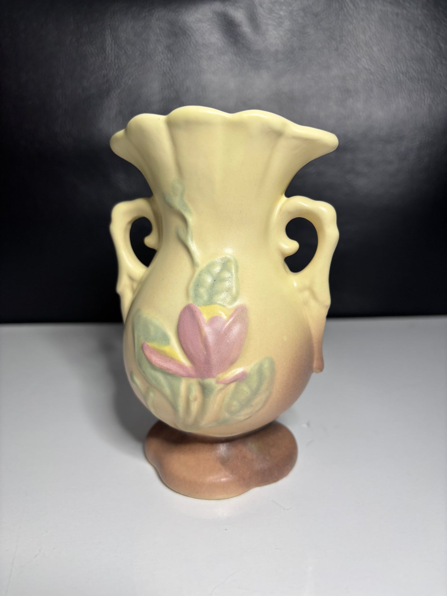 Vintage Hull Style Matte Pottery Vase – 5" Tall Floral Relief with Handles
