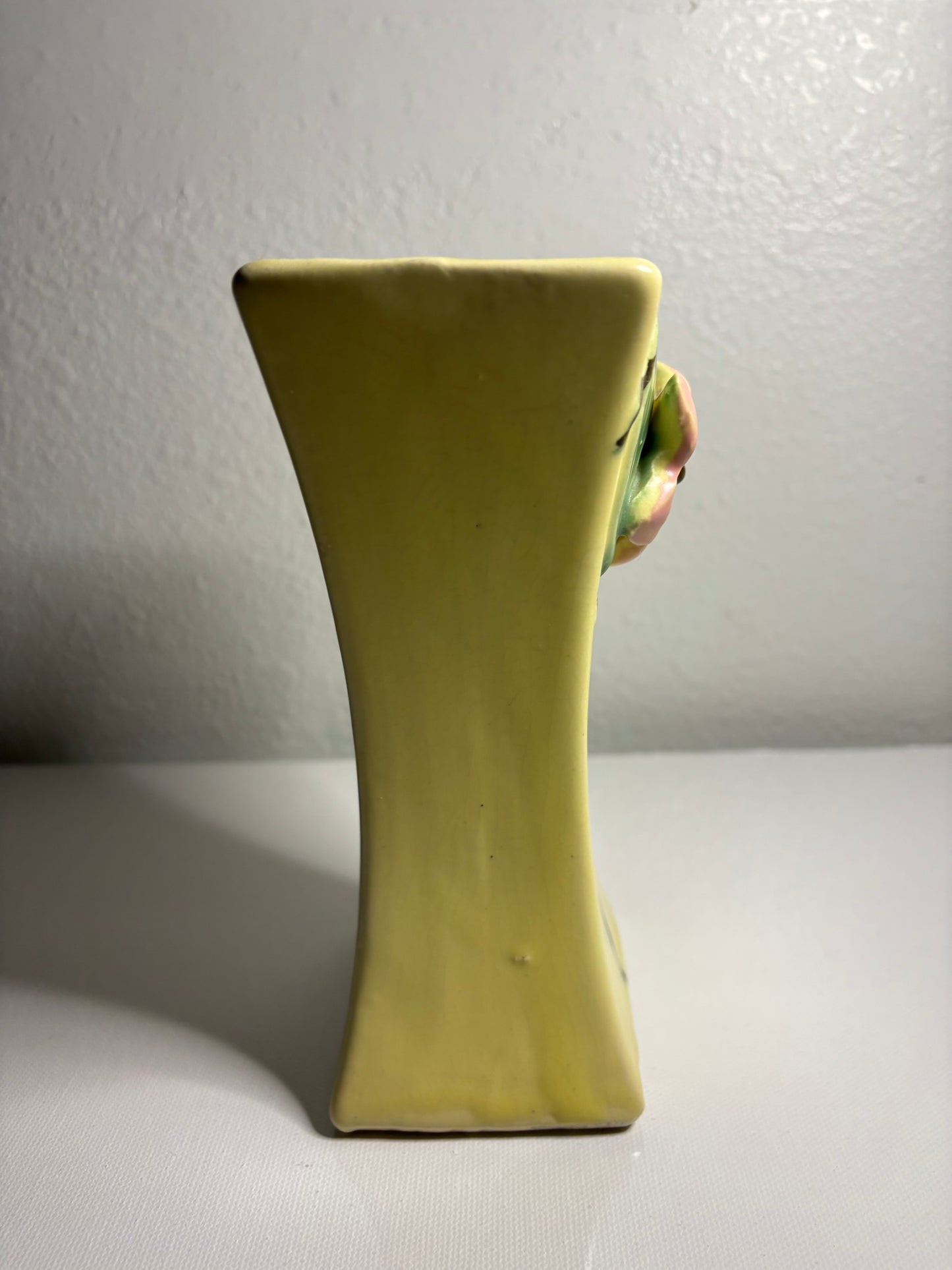 Vintage Art Pottery Bud Vase – Pink Flower Relief on Soft Yellow | 6.5” Tall