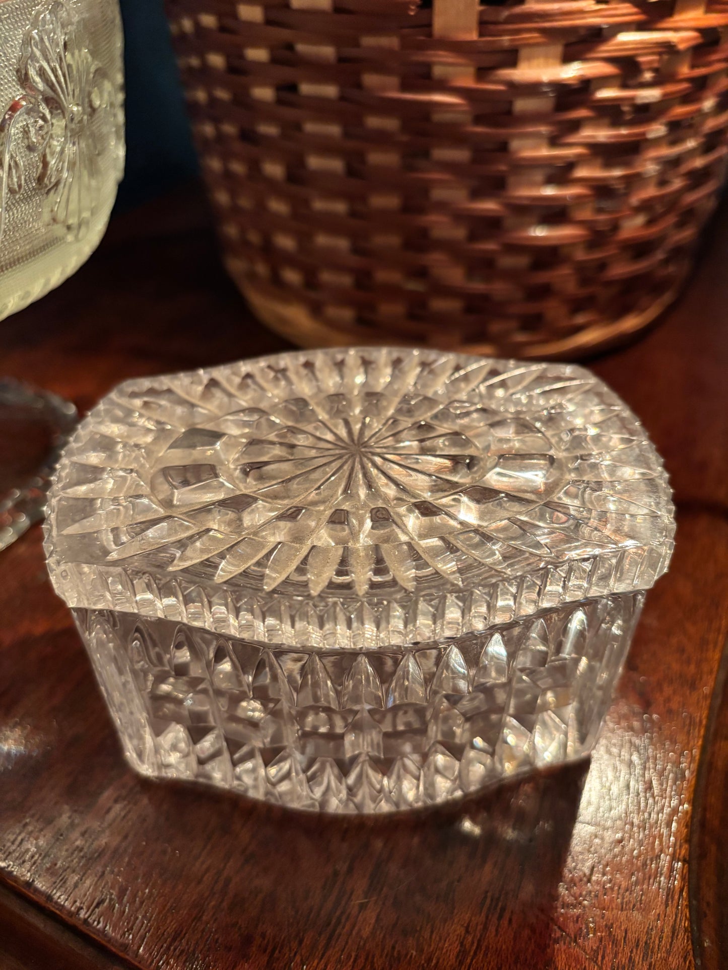 Vintage Pressed Glass Trinket Box with Starburst Lid – 4" x 3" x 2.5"