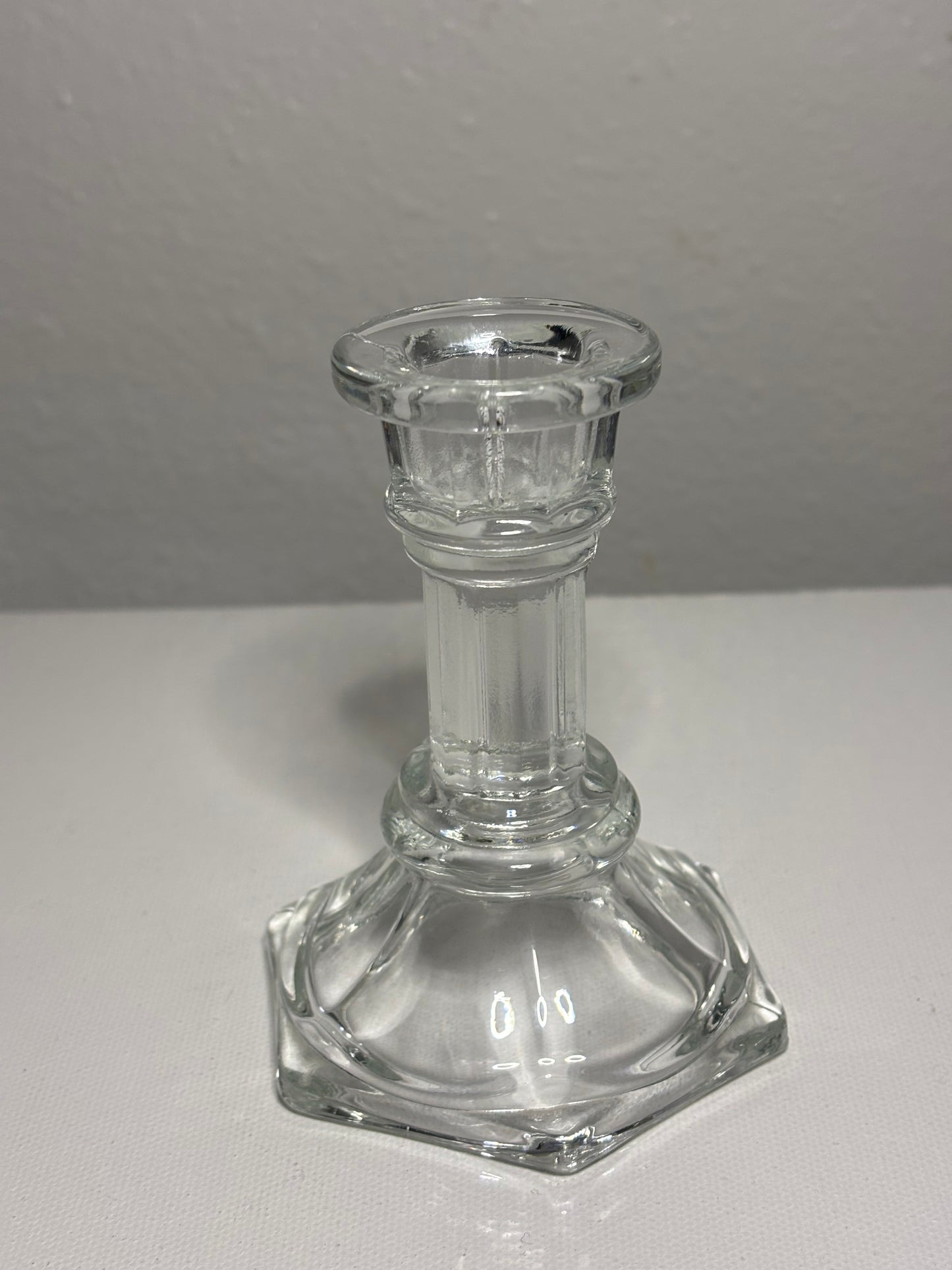 Vintage Clear Glass Taper Candle Holder – Hexagonal Base, 4" Tall
