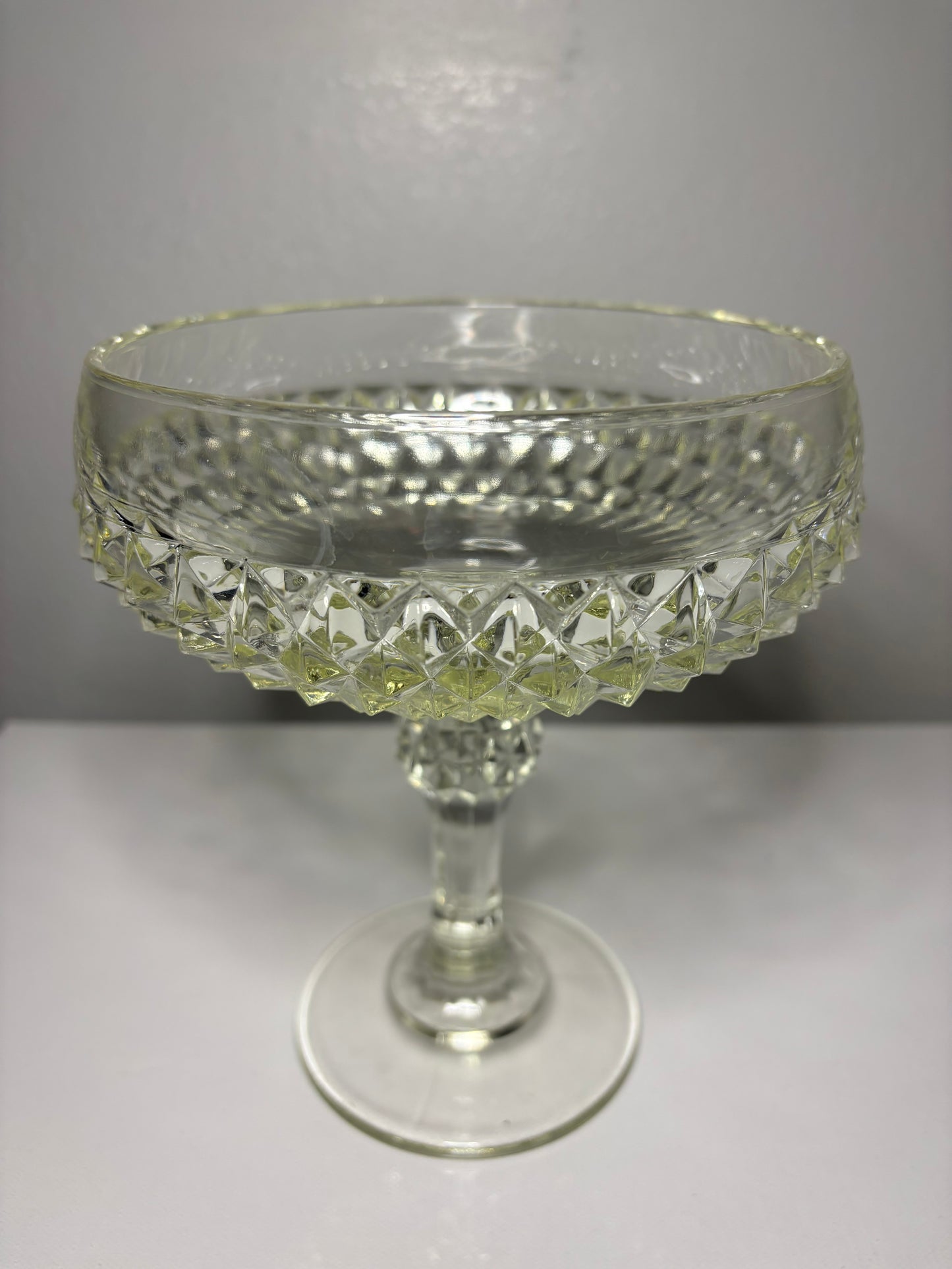 Vintage Pressed Glass Pedestal Compote – Diamond Point Bowl, 7.5" Tall