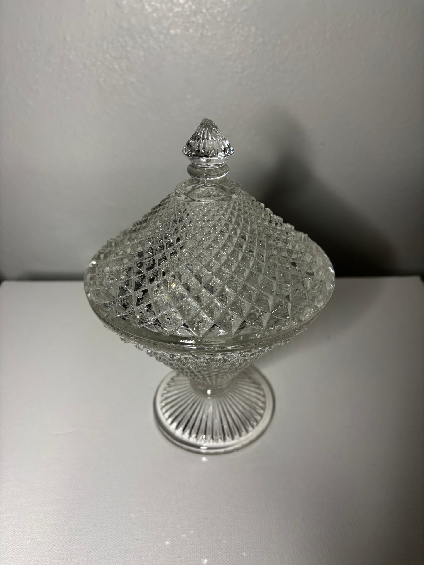 Vintage Diamond Point Pressed Glass Pedestal Candy Dish with Lid – Hourglass Shape