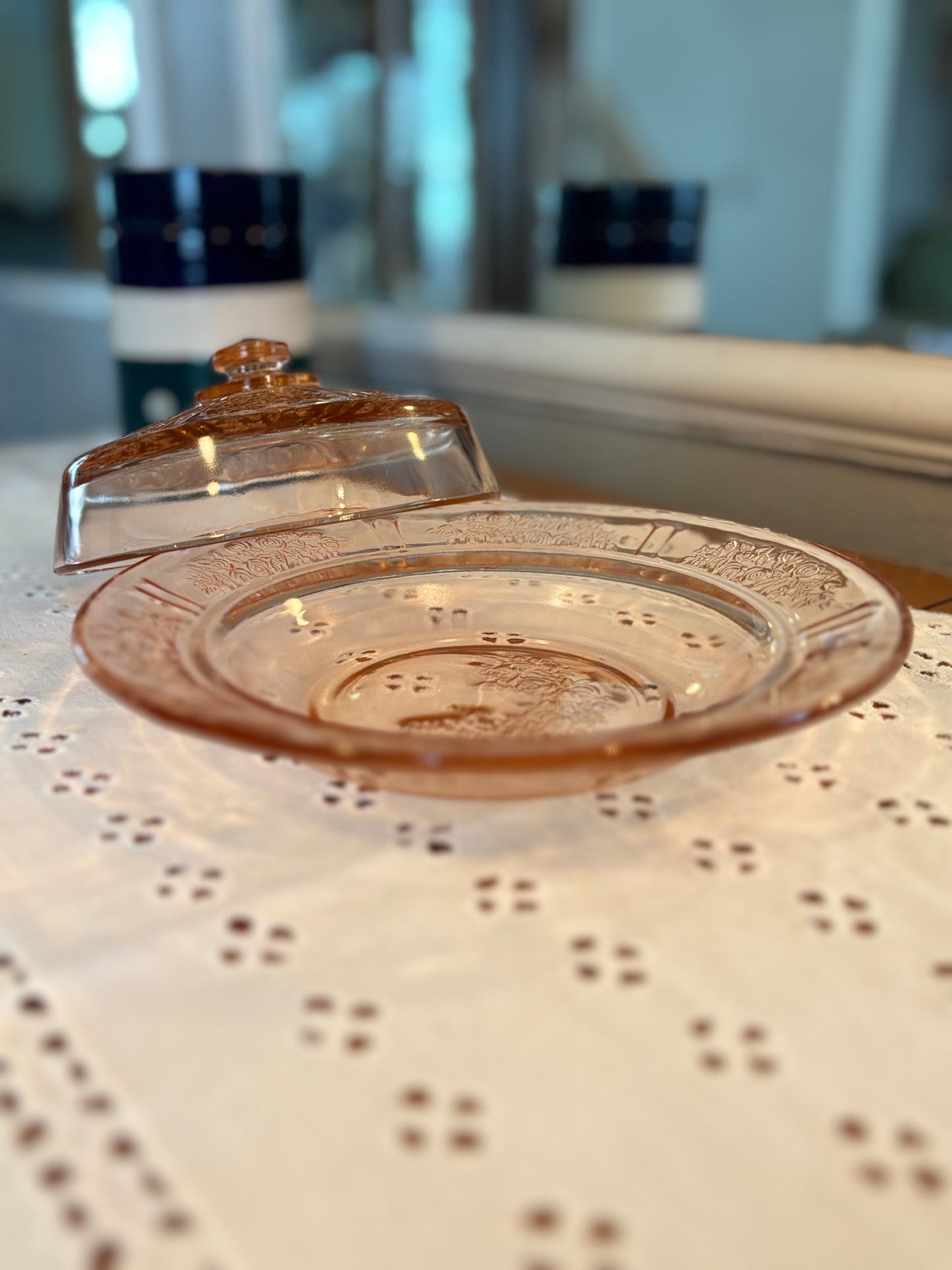 Vintage Pink Depression Glass Butter Dish with Lid – Floral Etched Design *