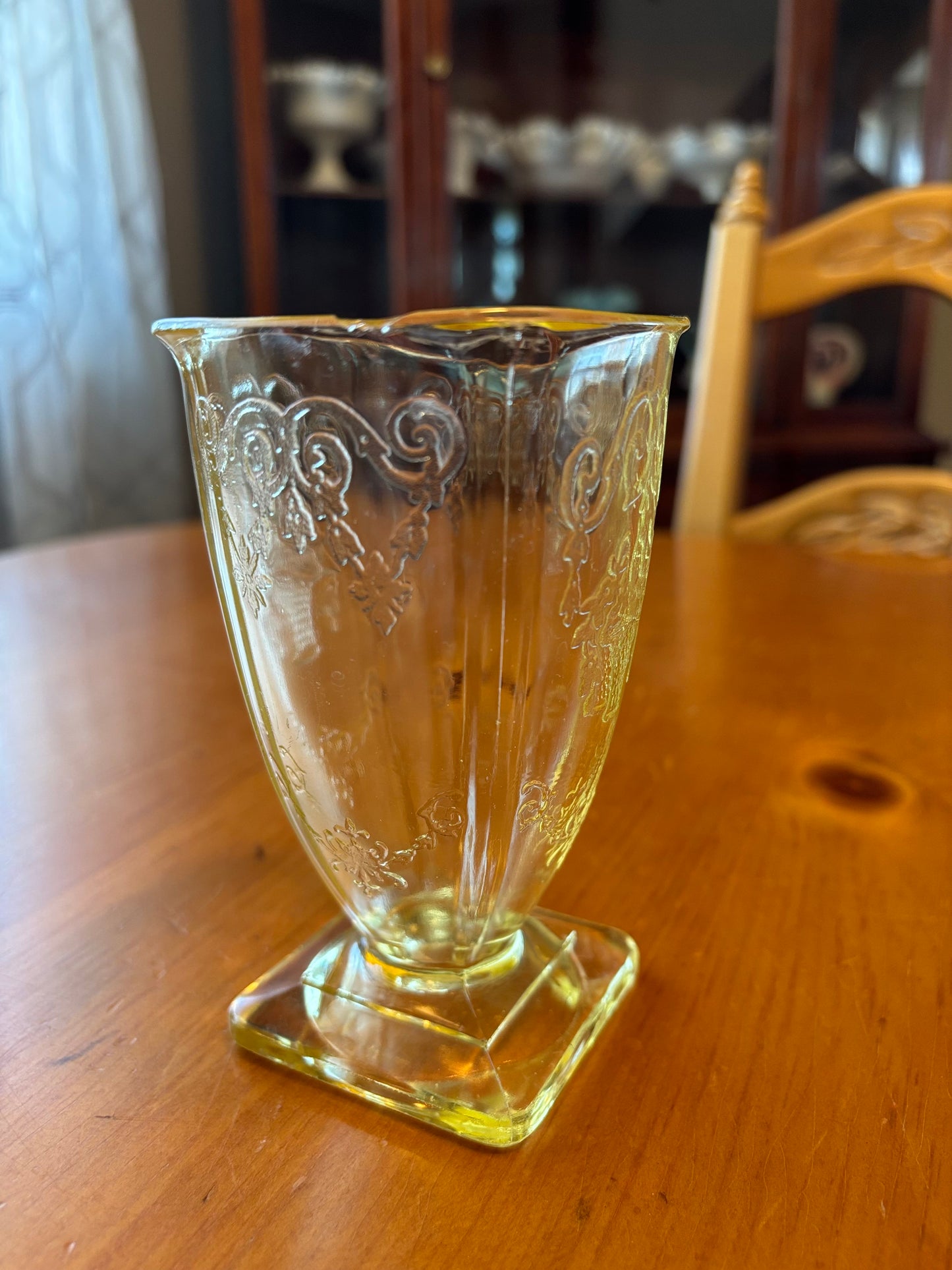 Vintage Lemon Yellow Depression Glass Vase – Etched Floral Design