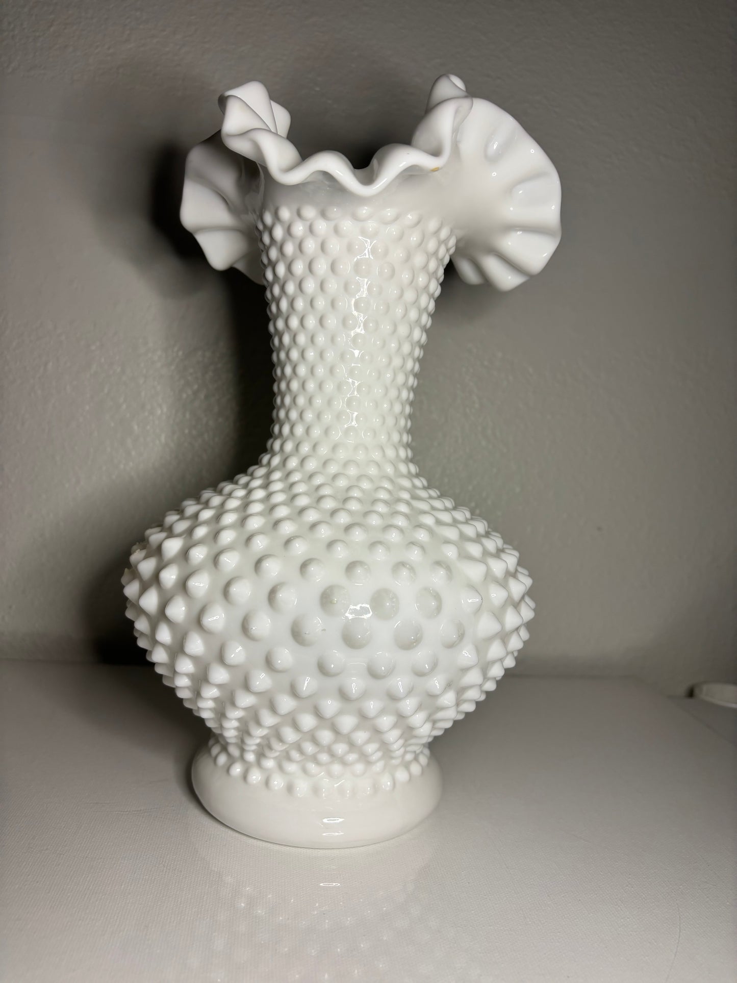 Vintage White Hobnail Milk Glass Vase – 11" Ruffled Edge