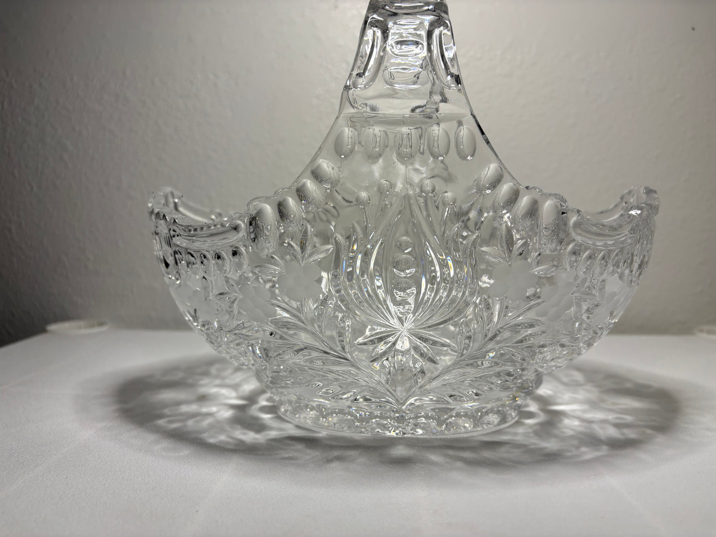 Vintage Pressed Glass Basket – Ornate Clear Glass Bowl with Handle – 9”