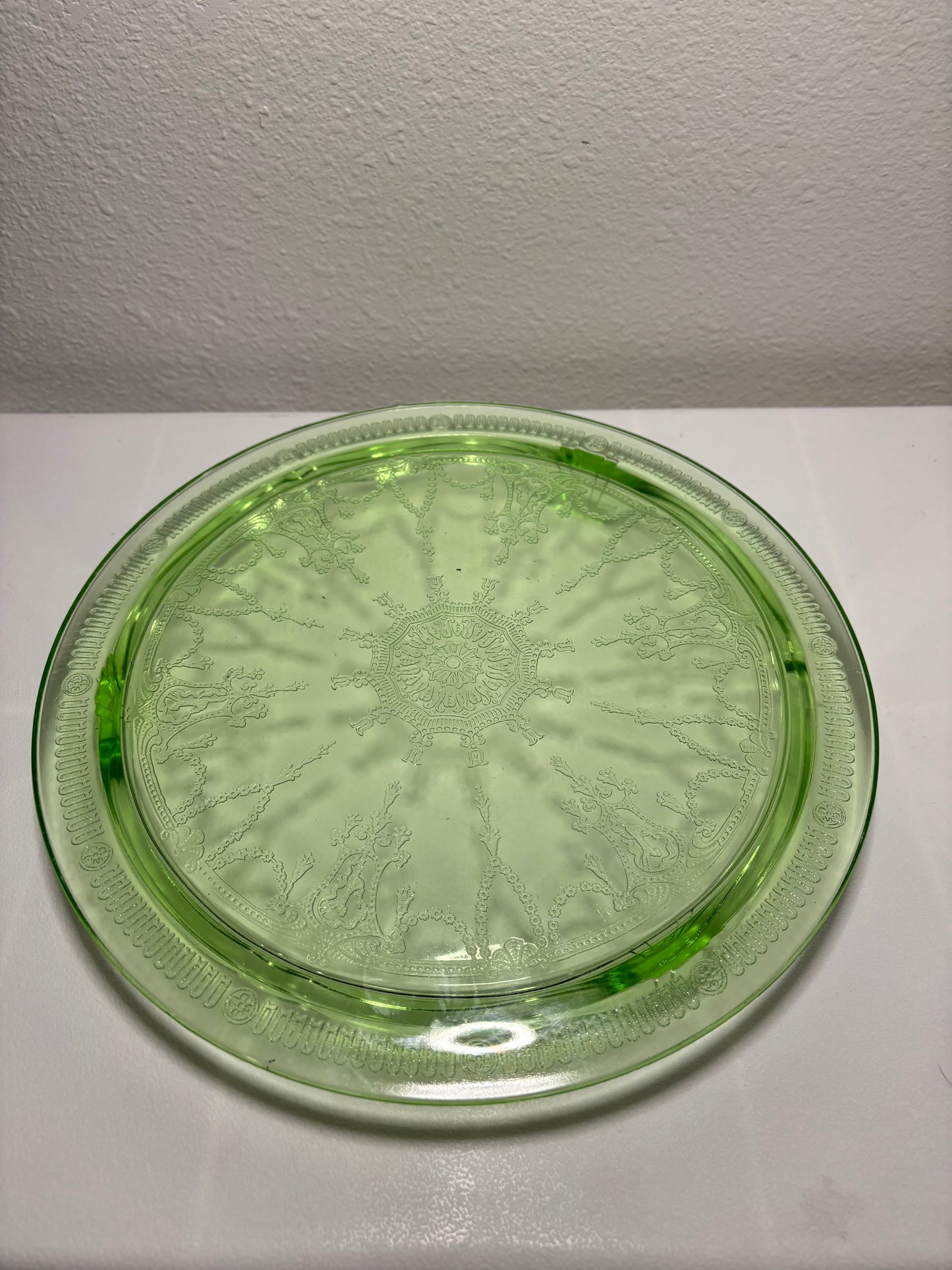 Vintage Green Glass Compote & Plate Set – Mid-Century Pedestal Bowl & Etched Plate
