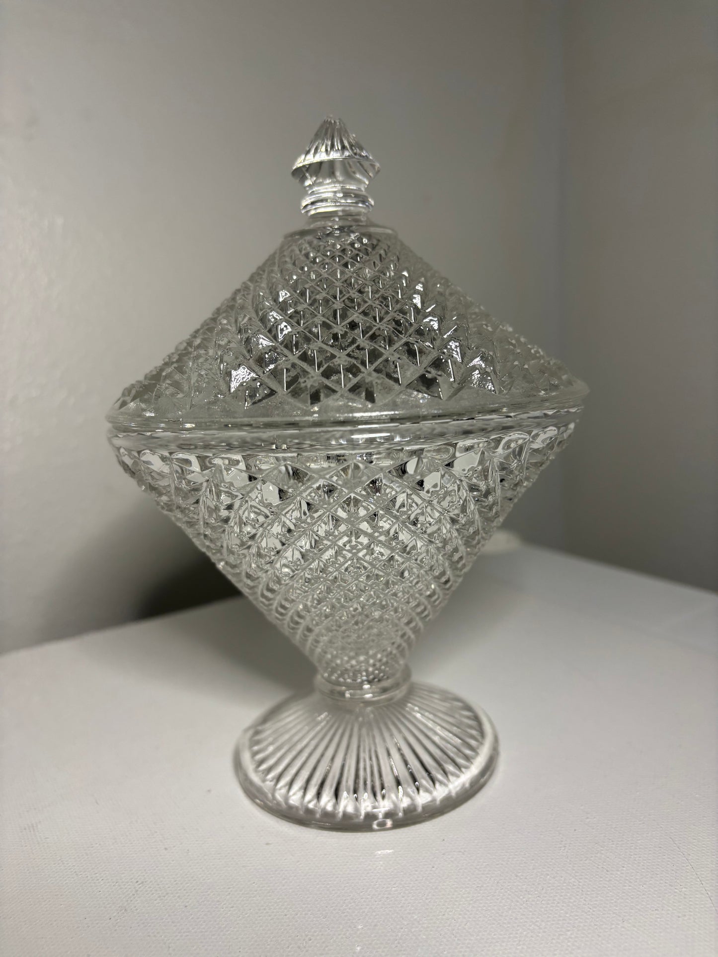 Vintage Diamond Point Pressed Glass Pedestal Candy Dish with Lid – Hourglass Shape