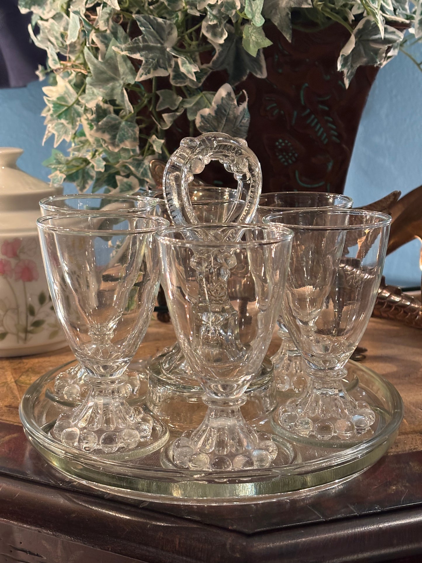 Vintage Clear Glass Cordial Set with Carrier – 6 Glasses and Tray