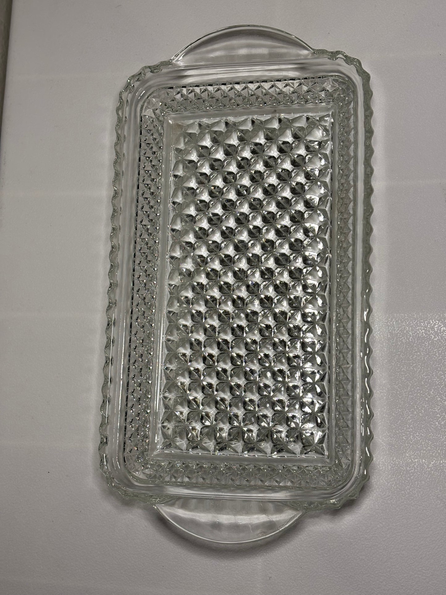 Vintage Pressed Glass Serving Tray – Diamond Point Pattern with Handles (10”)