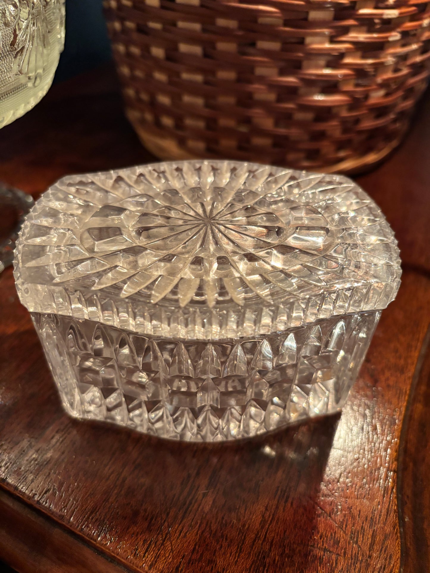 Vintage Pressed Glass Trinket Box with Starburst Lid – 4" x 3" x 2.5"