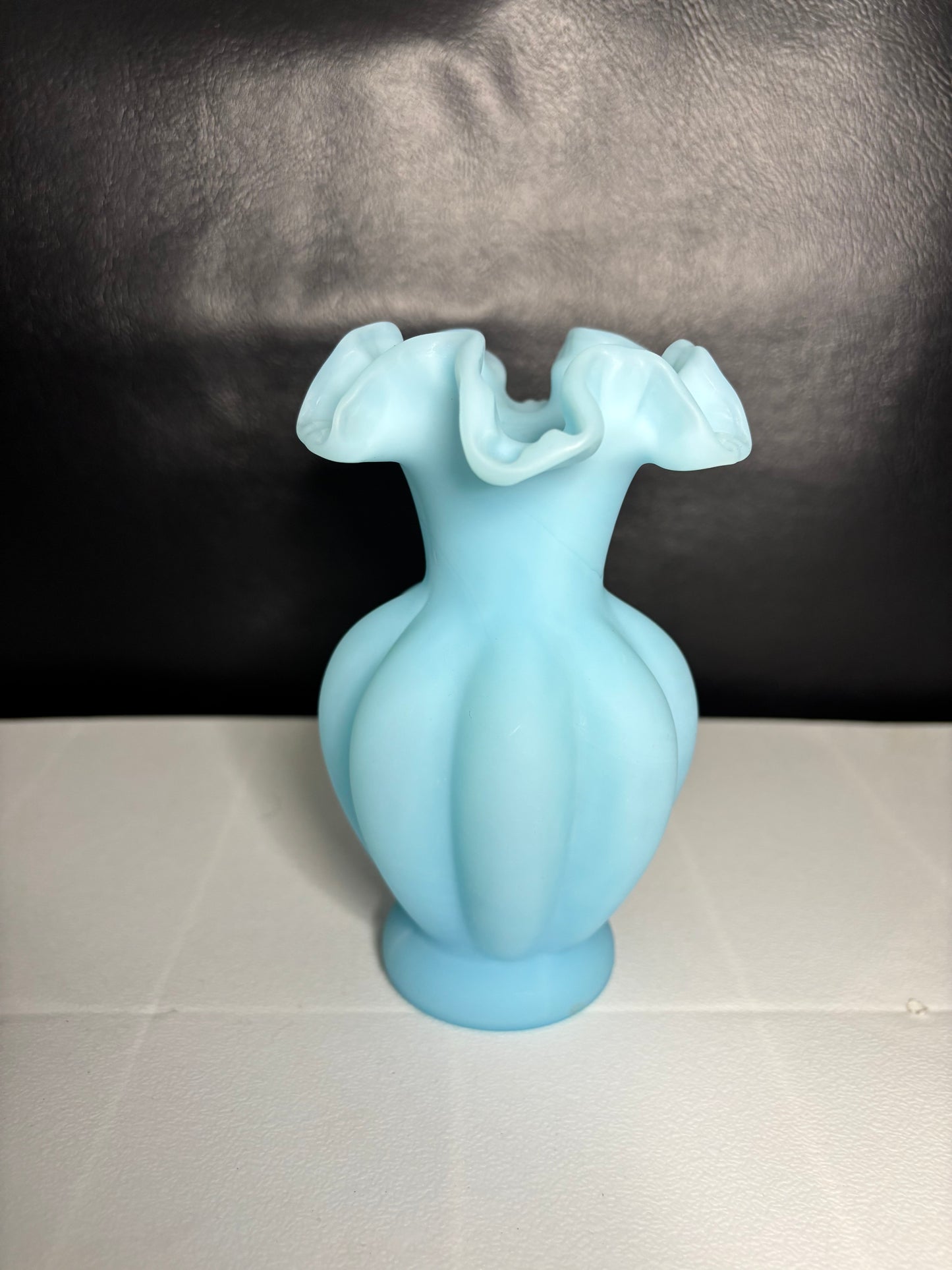 Satin Blue Ruffled Vase – Vintage Handcrafted Art Glass, 6"