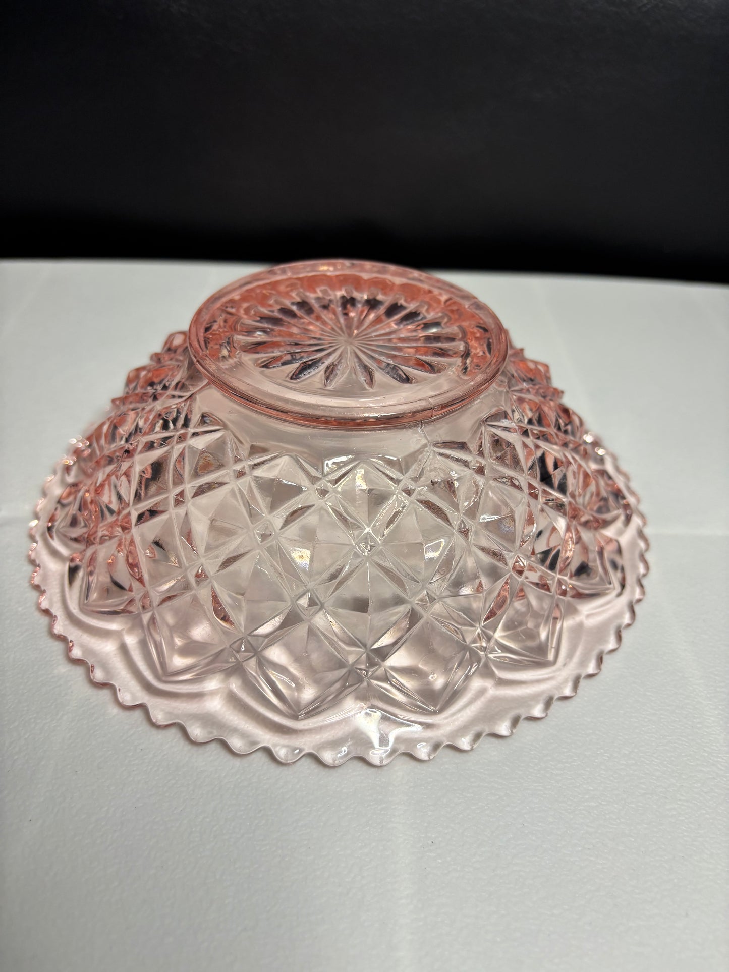 Vintage Pink Pressed Glass Bowl – Diamond Point with Starburst Base, 6.5"