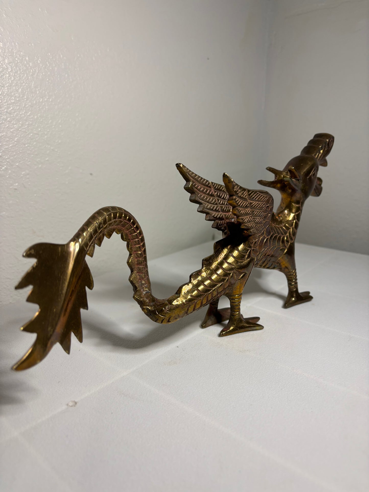 Vintage Solid Brass Winged Dragon Figurine – 12” Long – Mythical Decor