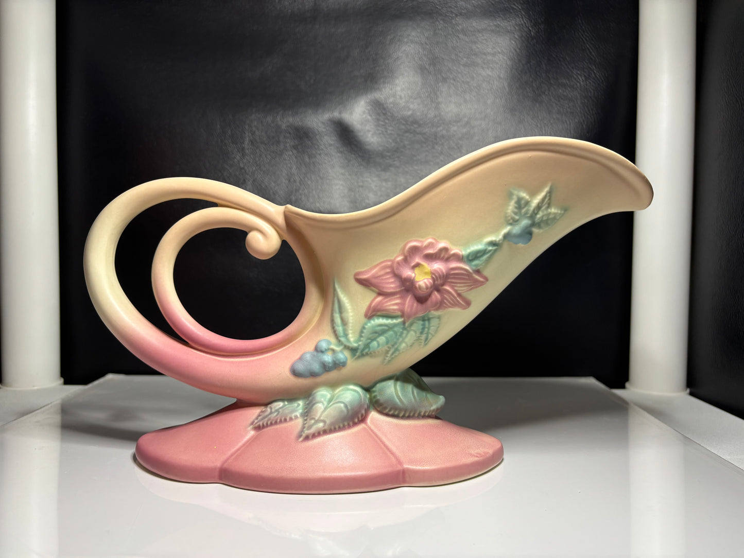 Vintage Pink Floral Cornucopia Vase – 11.5” Long Roseville Style Ceramic