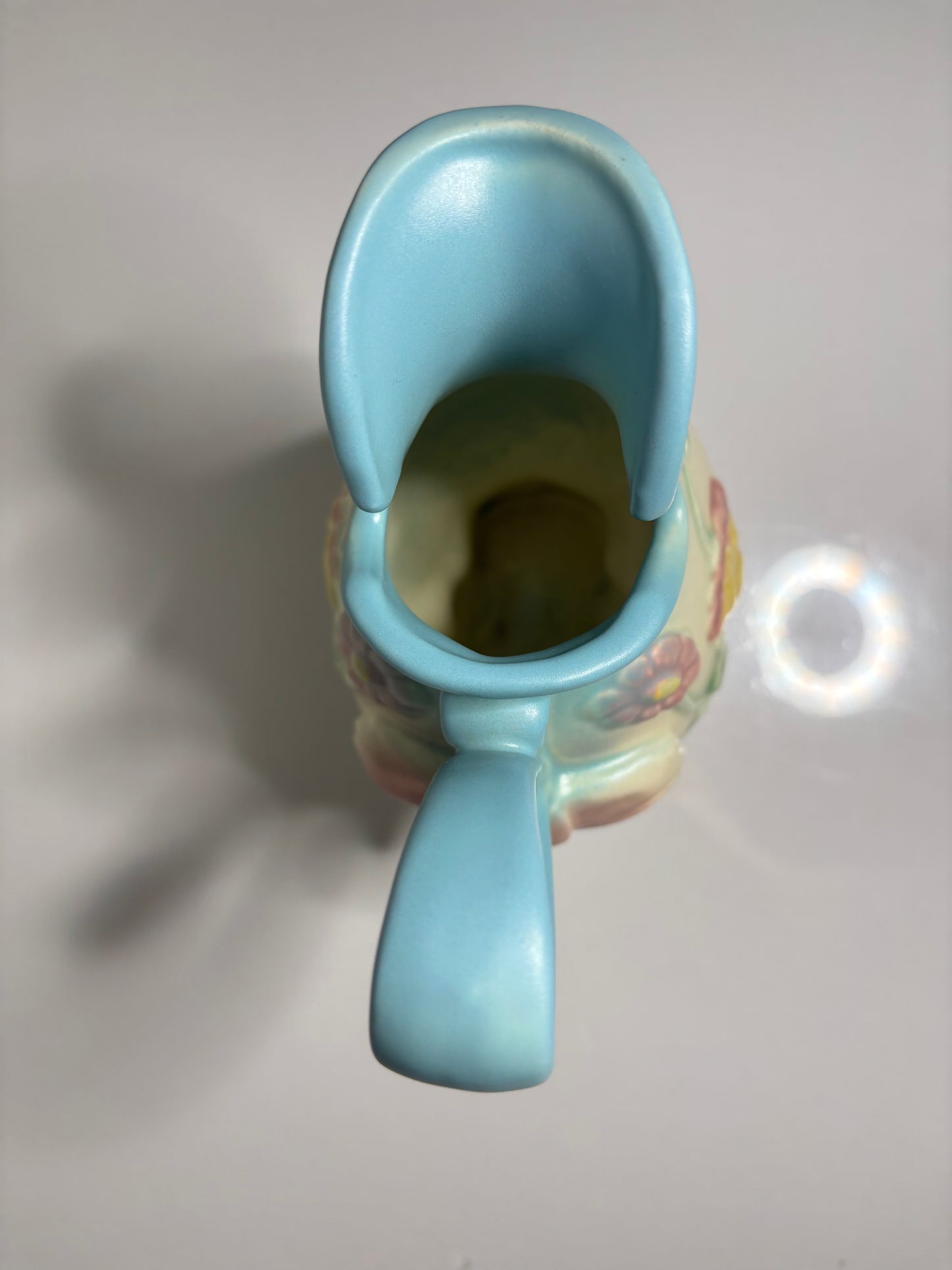Vintage Pastel Floral Pitcher Vase – Ribbon Base & Embossed Flowers | 7” Tall