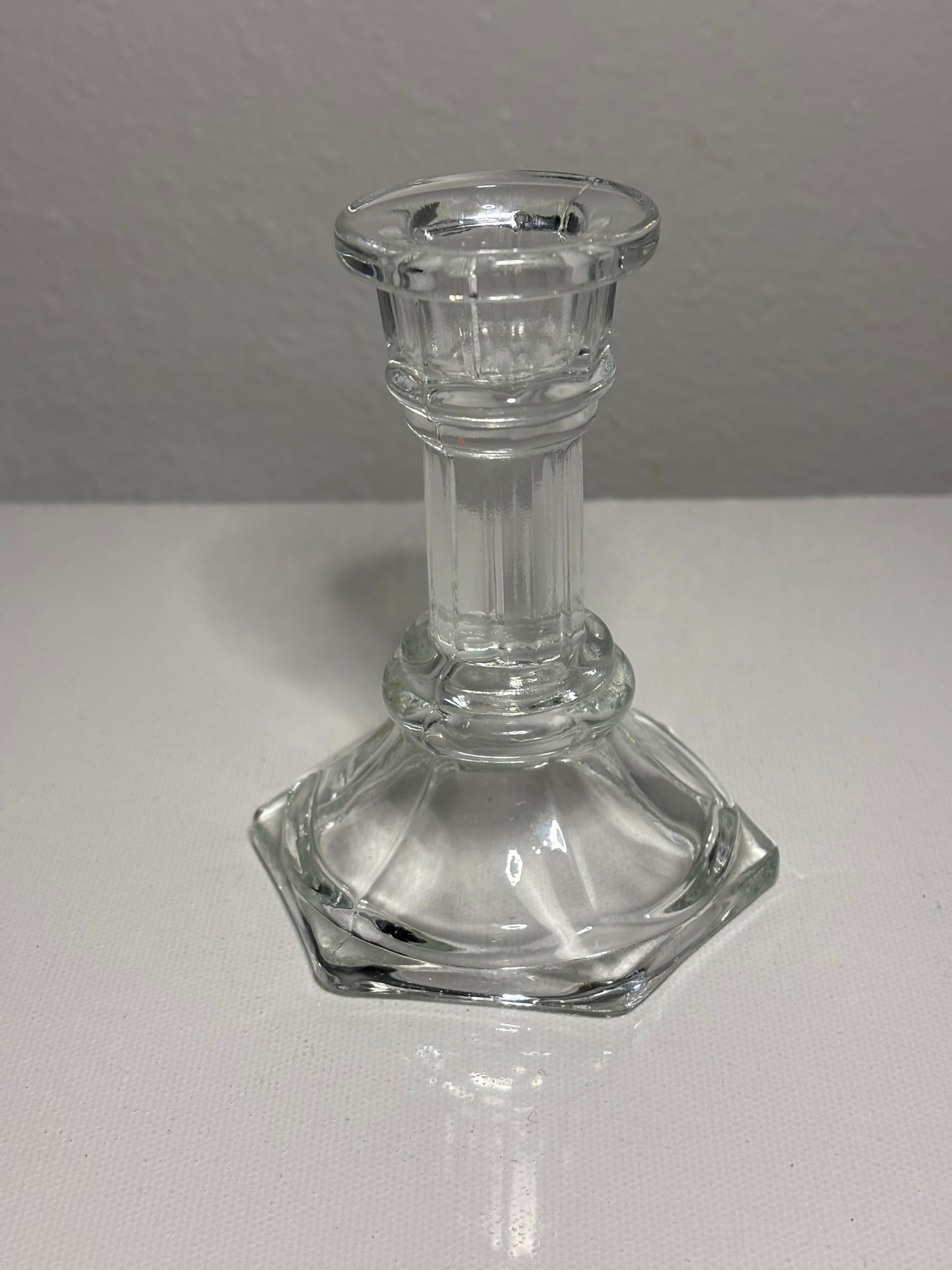 Vintage Clear Glass Taper Candle Holder – Hexagonal Base, 4" Tall