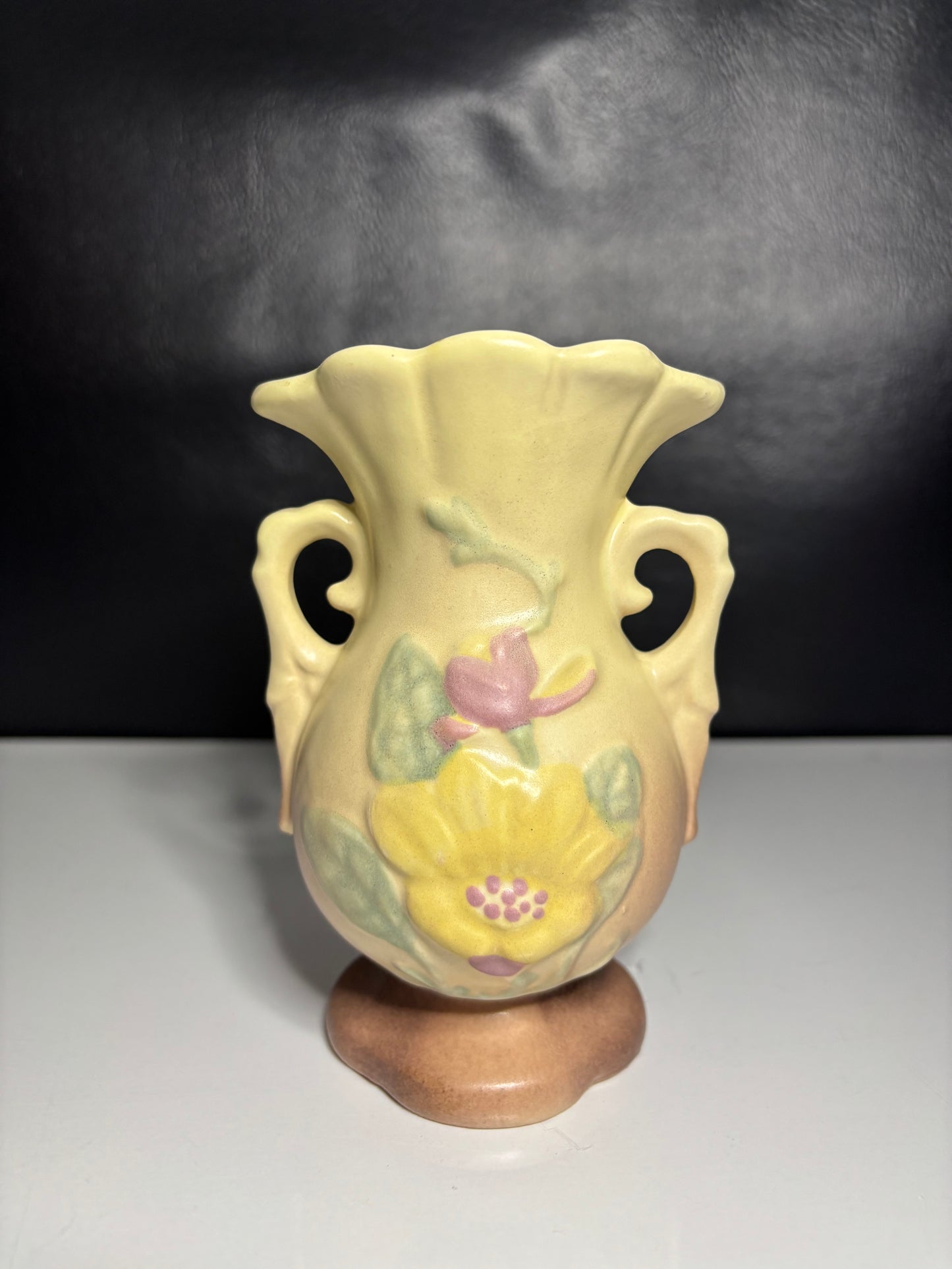 Vintage Hull Style Matte Pottery Vase – 5" Tall Floral Relief with Handles