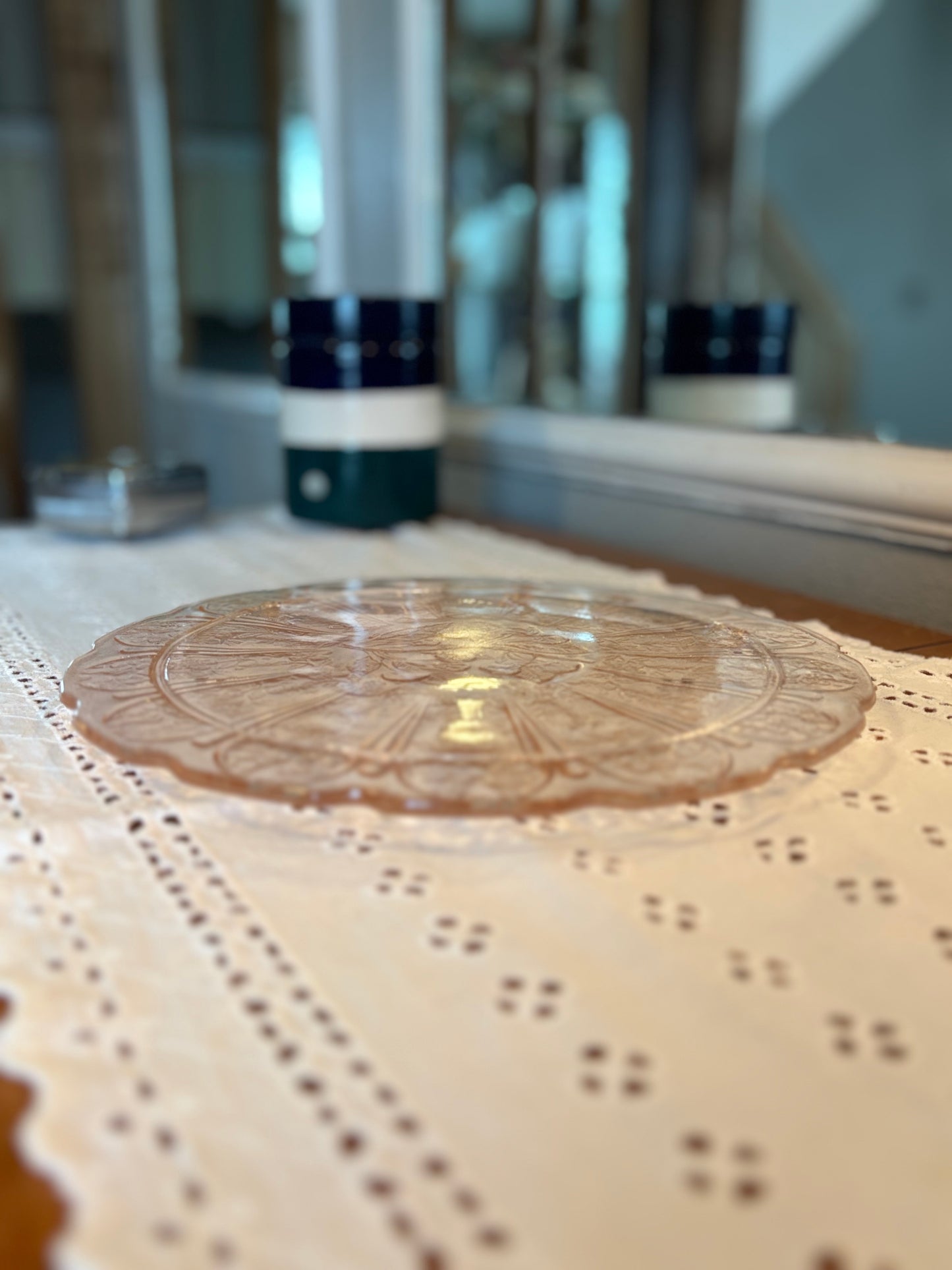 Vintage Pink Depression Glass Footed Cake Plate 10.5" Embossed Floral Design *