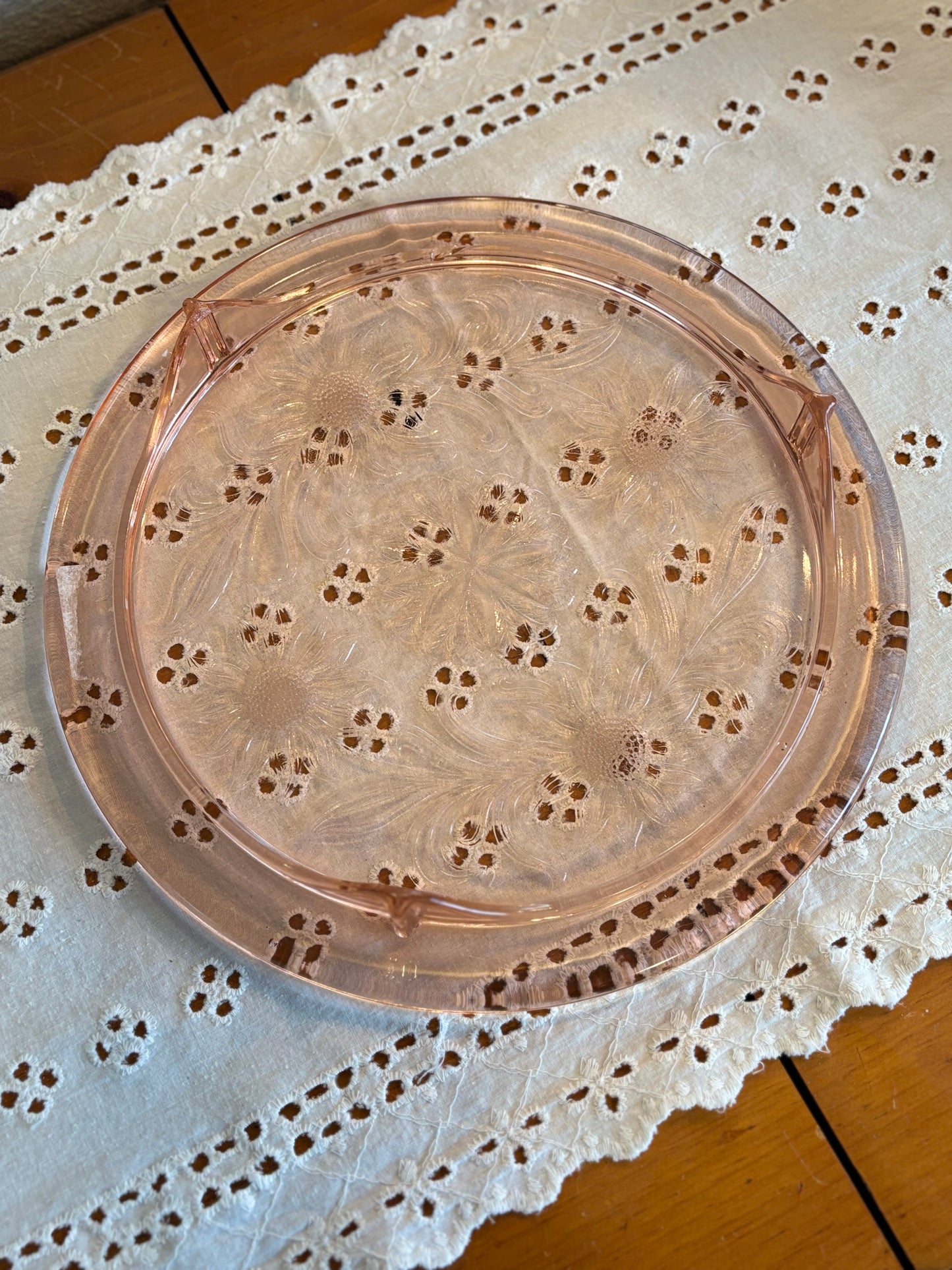 Vintage Pink Depression Glass Footed Cake Plate – Etched Floral Design *