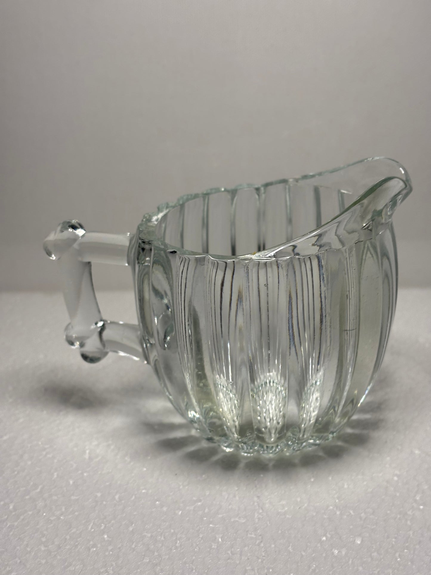 Vintage Ribbed Glass Creamer with Art Deco Handle – 4.5" x 3.5"