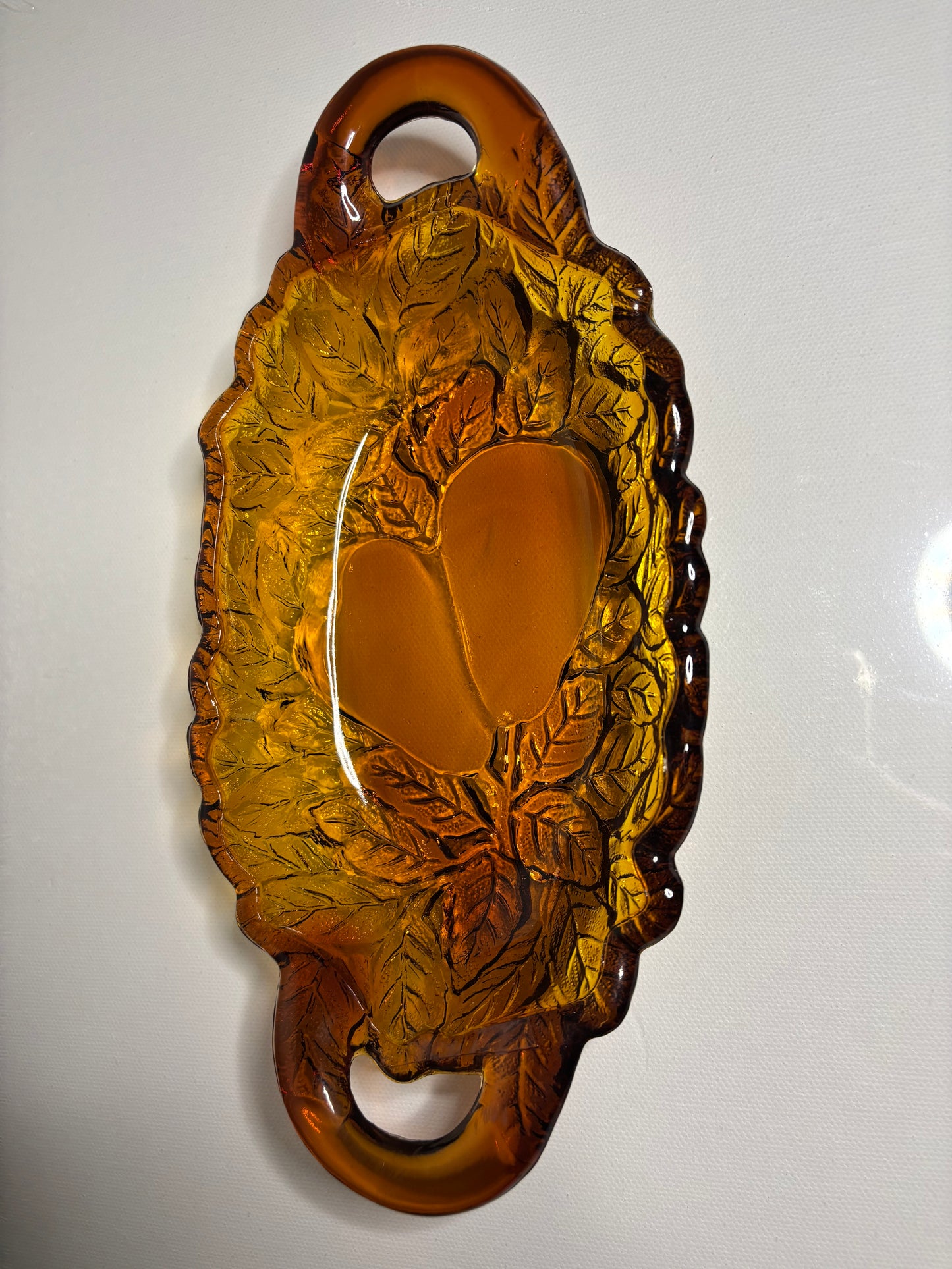 Vintage Amber Glass Leaf Dish – Twin Leaf Design with Handles | 9” Long