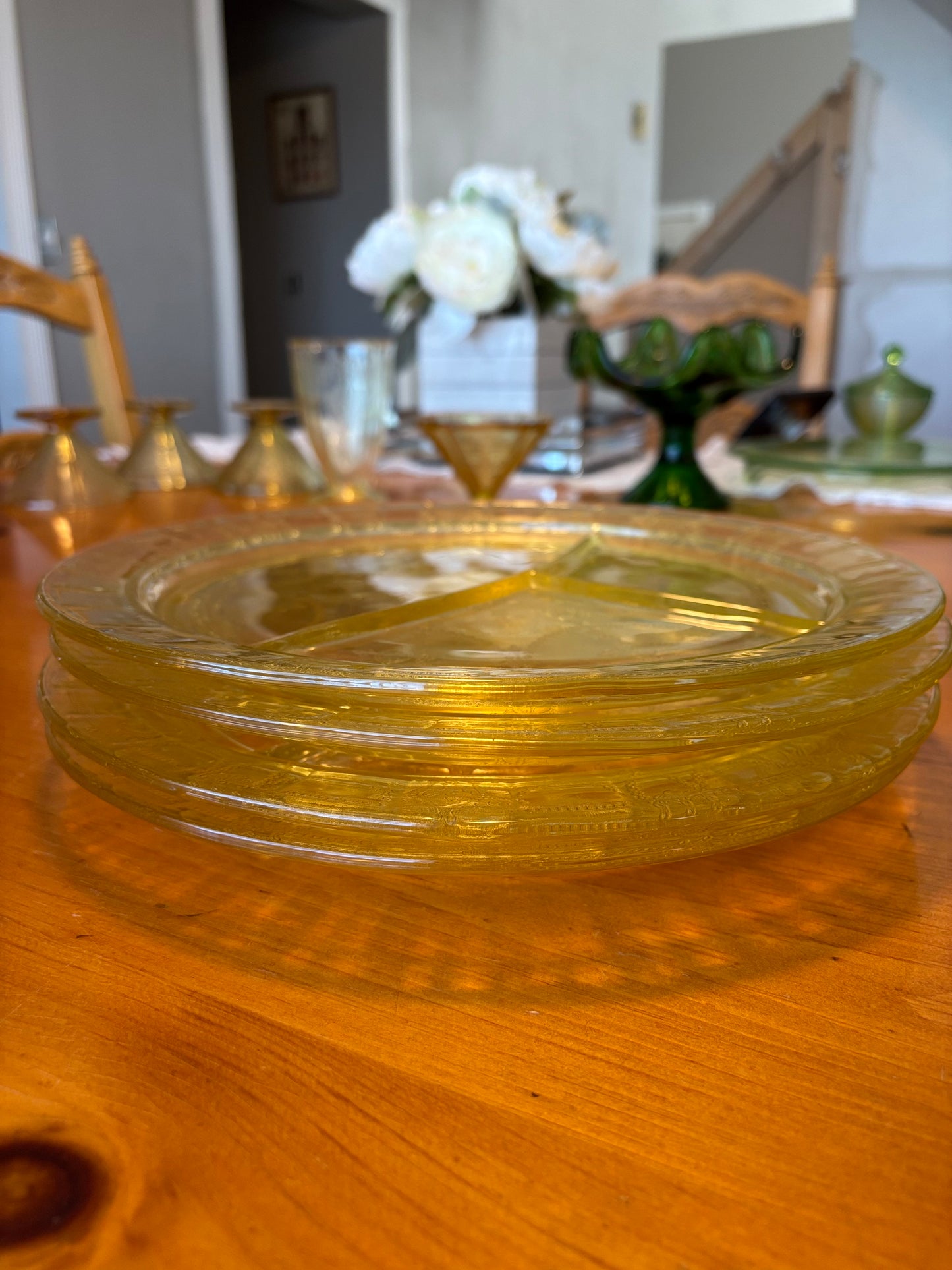 Vintage Lemon Yellow Depression Glass Divided Dinner Plates
