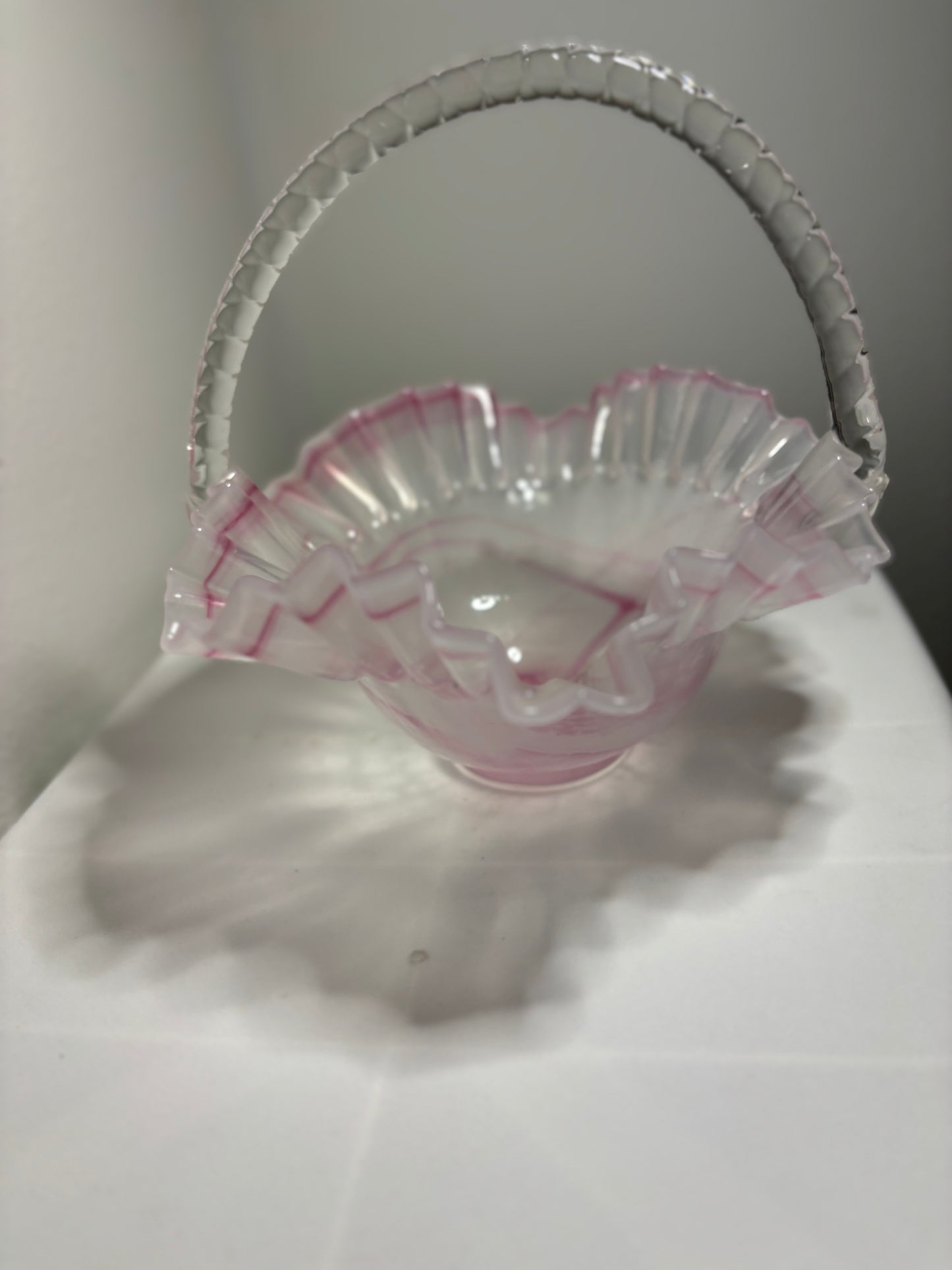 Vintage Pink Ruffled Art Glass Basket – 9" Decorative Handled Bowl