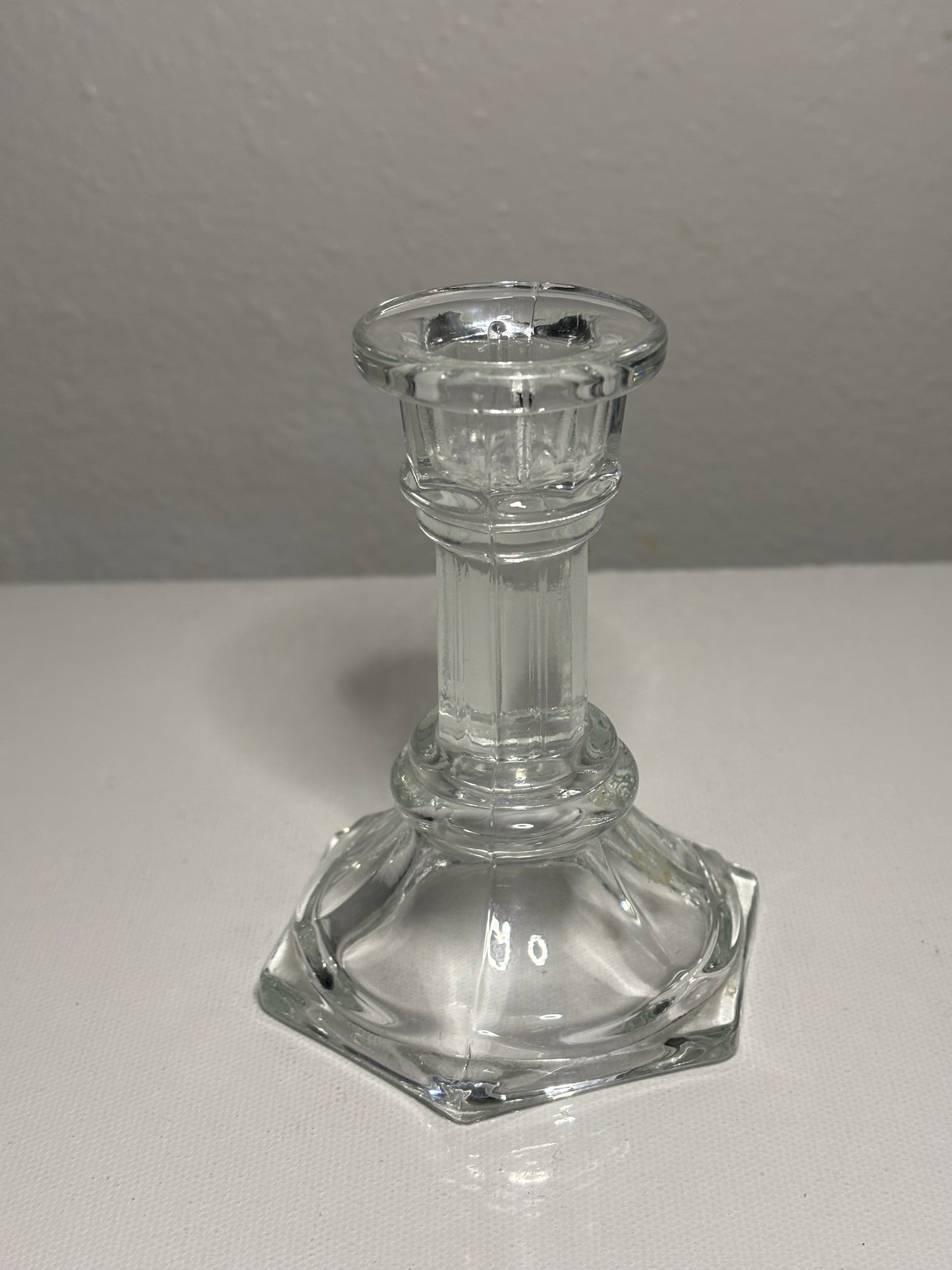 Vintage Clear Glass Taper Candle Holder – Hexagonal Base, 4" Tall