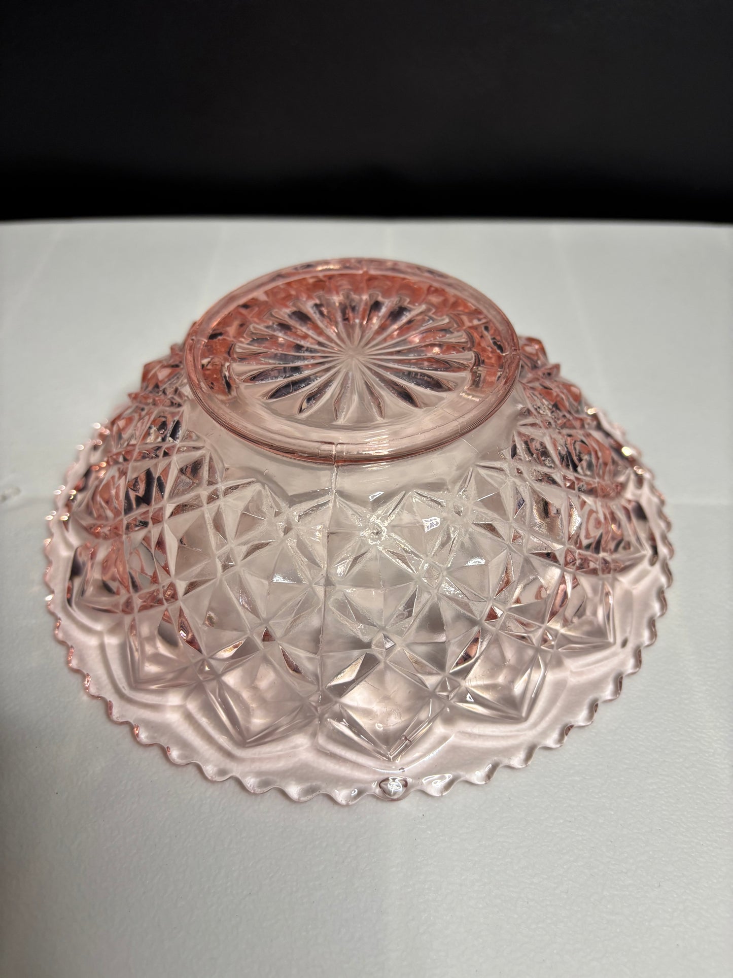 Vintage Pink Pressed Glass Bowl – Diamond Point with Starburst Base, 6.5"