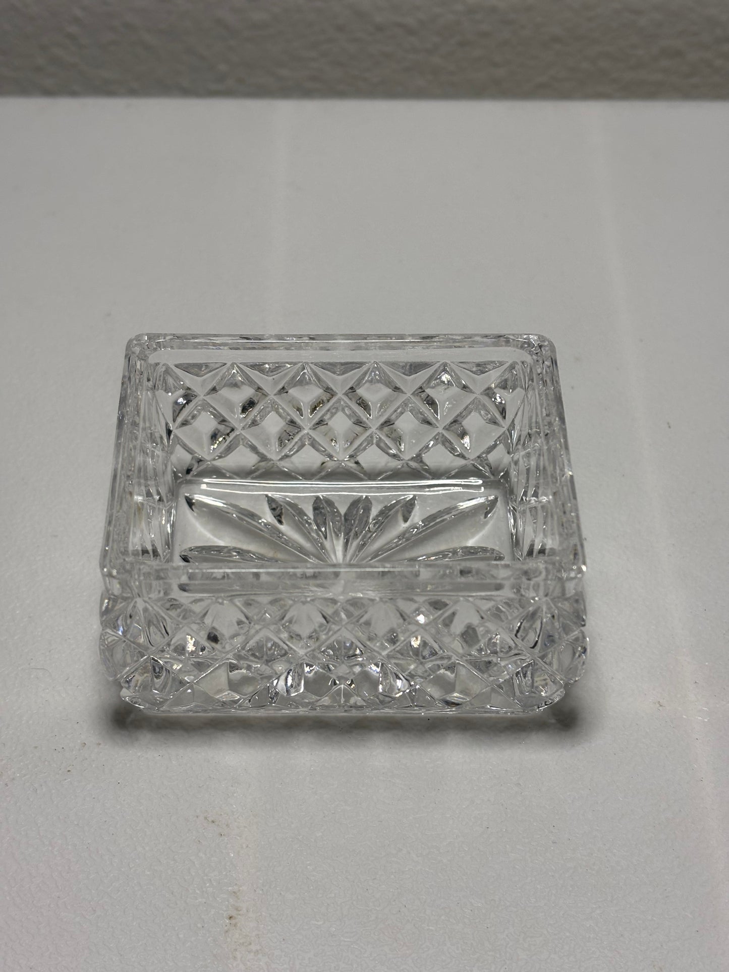 Vintage Pressed Glass Trinket Box – Starburst & Diamond Cut, Mini Rectangular