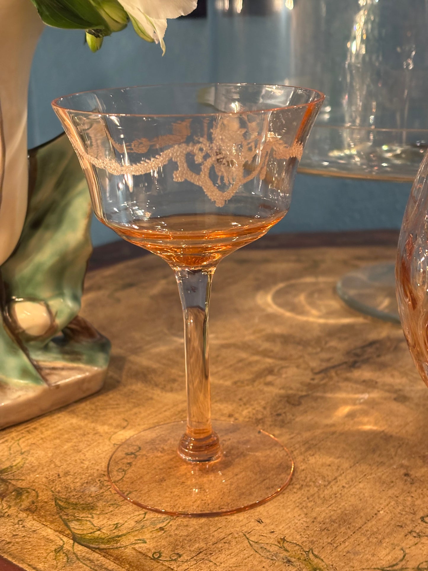 Vintage Pink Depression Glass Etched Stemmed Sherbet Glass – Floral Design *