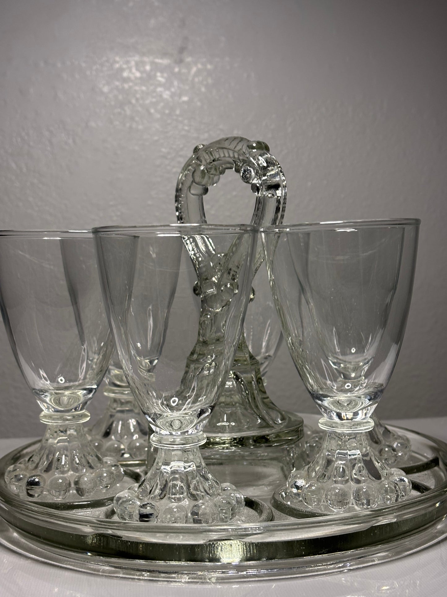 Vintage Clear Glass Cordial Set with Carrier – 6 Glasses and Tray
