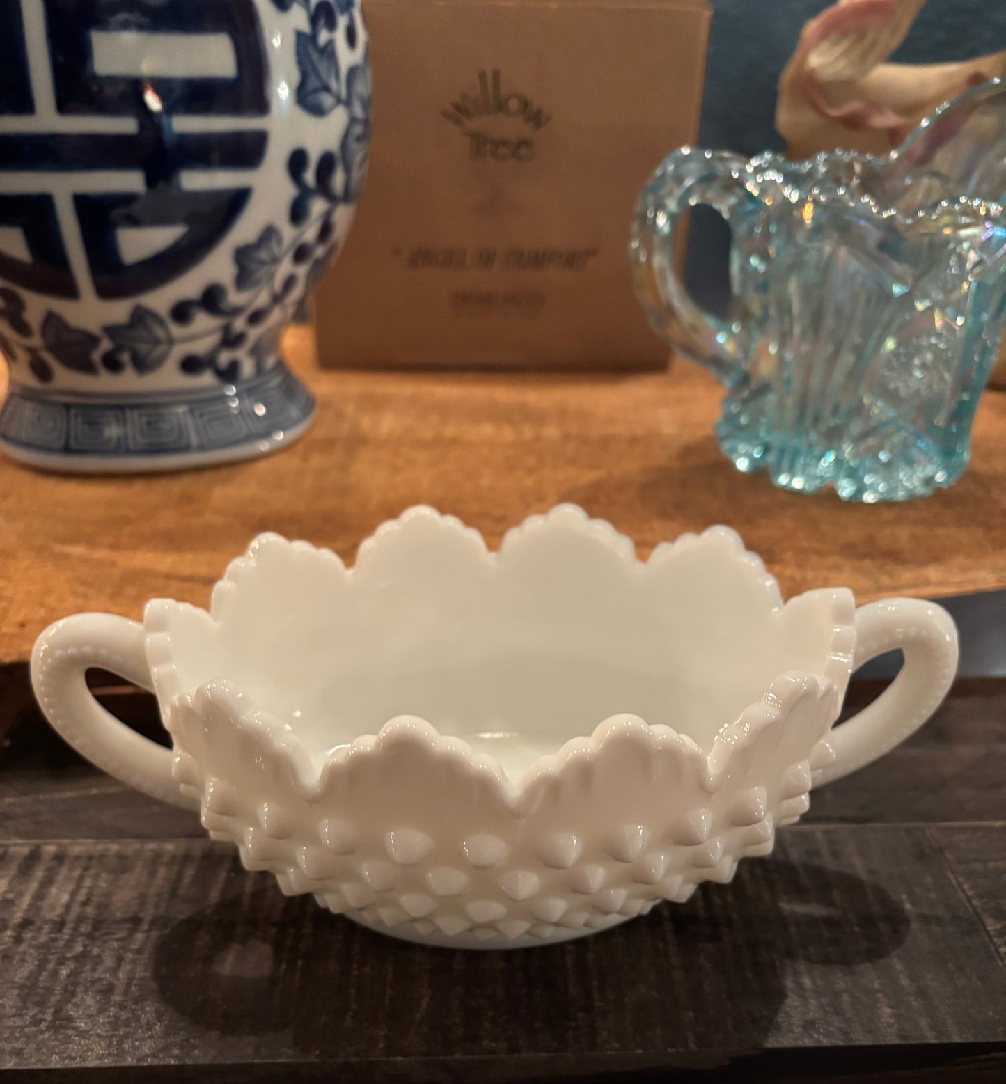 Vintage Milk Glass Candy Dish with Double Handles – Hobnail Diamond Pattern