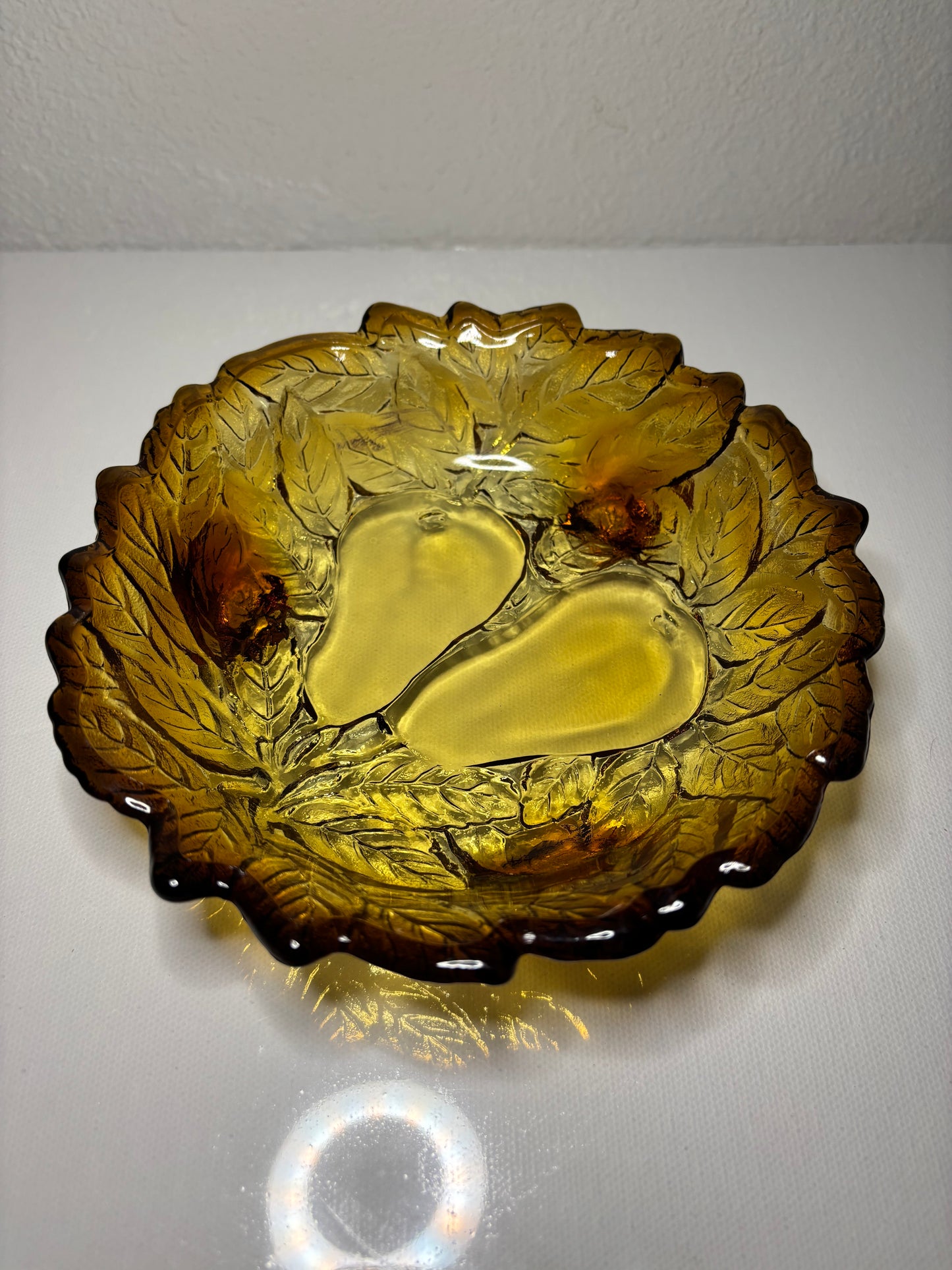 Vintage Amber Glass Leaf Dish with Pear Motif – 6.5”
